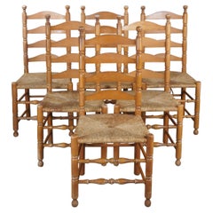 6 Retro Shaker Style Farmhouse Ladderback Maple Dining Chairs Rush Seat 