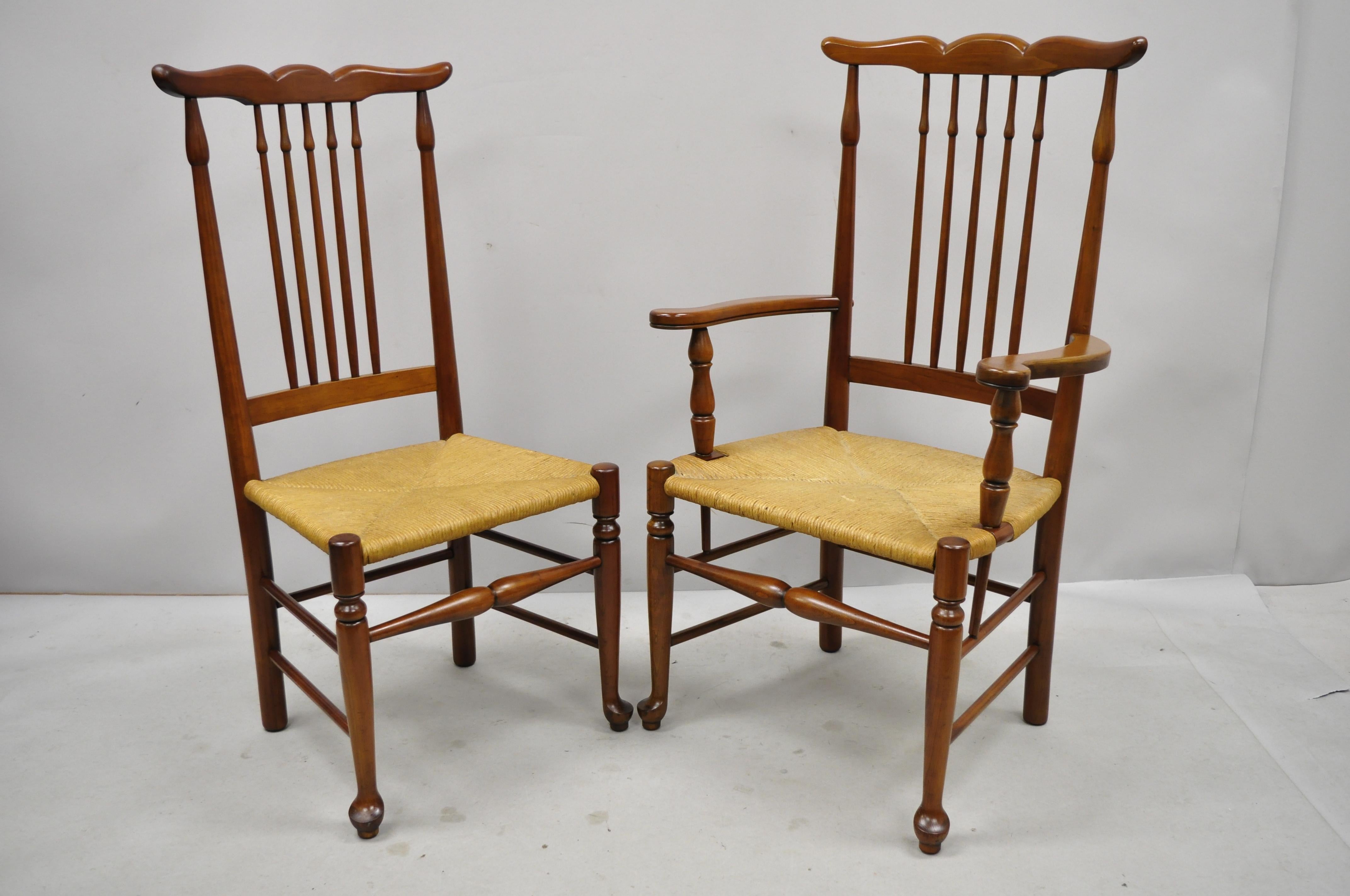 6 vintage spindle back cherrywood rush seat queen Anne Colonial dining chairs. Listing includes woven rush seats, spindle back, stretcher base, 2 armchairs, 4 side chairs, solid wood frame, beautiful wood grain, quality American craftsmanship, great