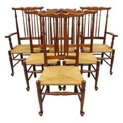 6 Vintage Spindle Back Cherrywood Rush Seat Queen Anne Colonial Dining Chairs