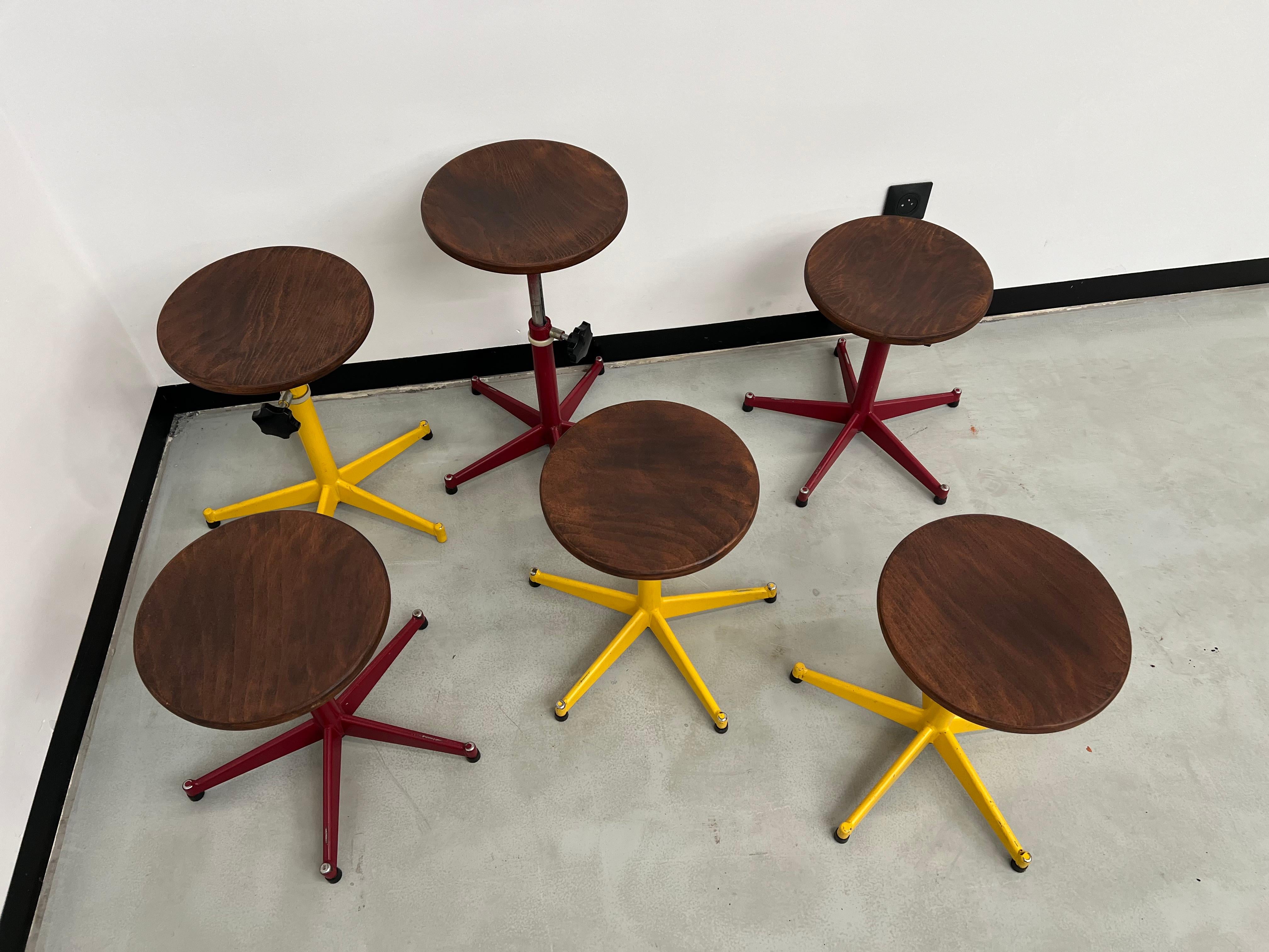 Steel 6 vintage stools from a french school, 50's For Sale