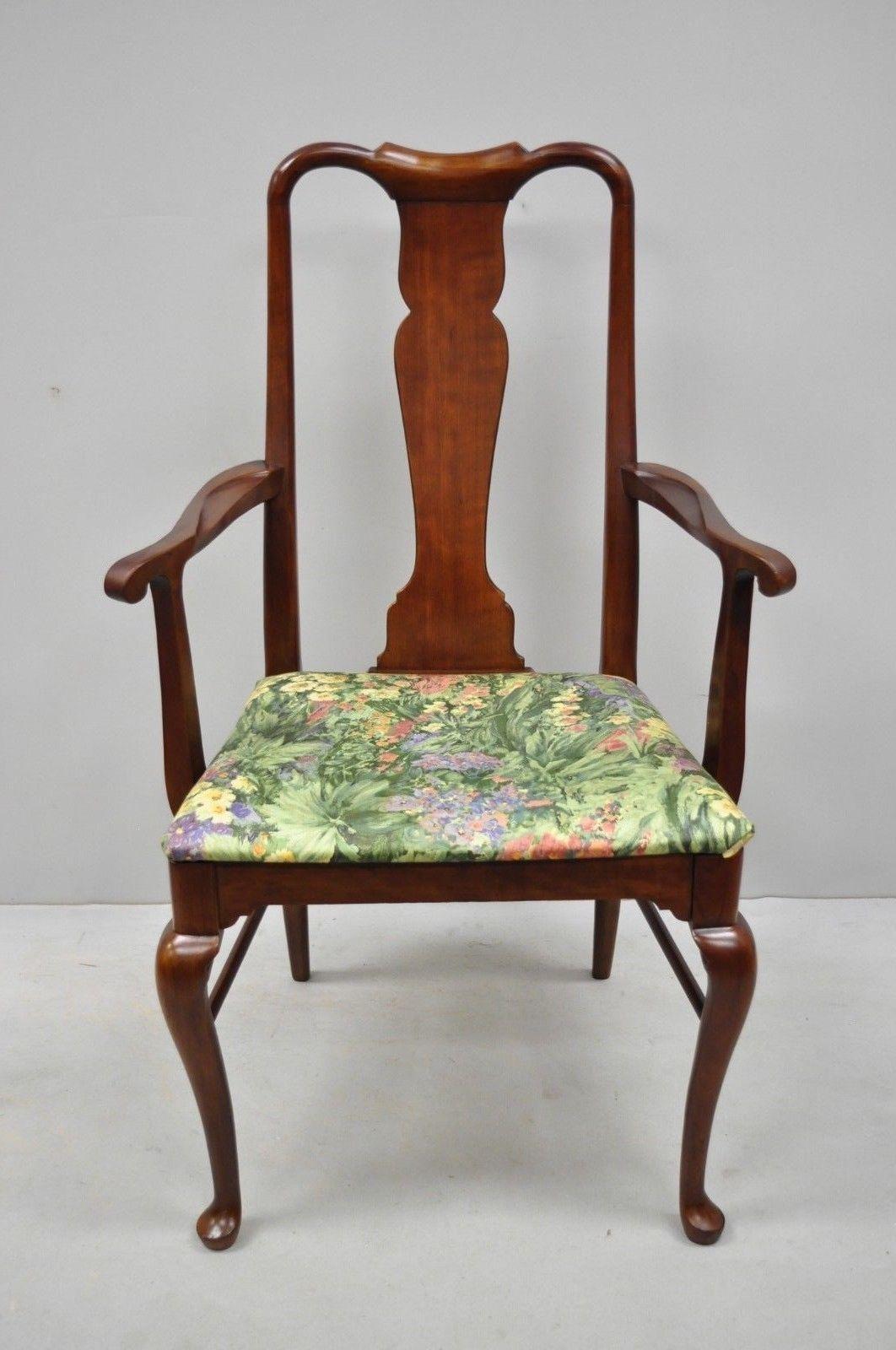 6 vintage Thomasville Queen Anne style solid cherrywood dining chairs. Listing features 4 side chairs, 2 armchairs, slender Queen Anne legs, solid cherry wood construction, beautiful wood grain, original stamp, quality American craftsmanship, circa