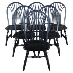6 Vintage Windsor Country Farmhouse Black Oak Bentwood Slat Dining Chairs