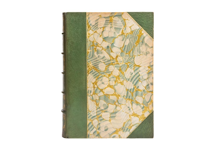 6 Volumes. Robert Burns, The Complete Works. Limited Edition De Luxe. Bound by Oldach in 3/4 green morocco and marbled boards, bordered in gilt tooling. The spines house raised bands, dotted in gilt tooling with panels displaying gilt-tooled