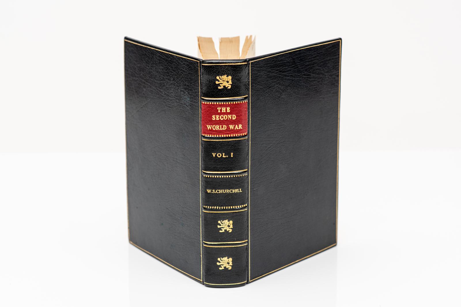 6 Volumes. Sir Winston S. Churchill. Second World War. Rebound in full blue morocco, all edges gilt, raised bands, gilt panels, illustrated. Published:
London: Cassell & Co. 1948-54. First Editions.