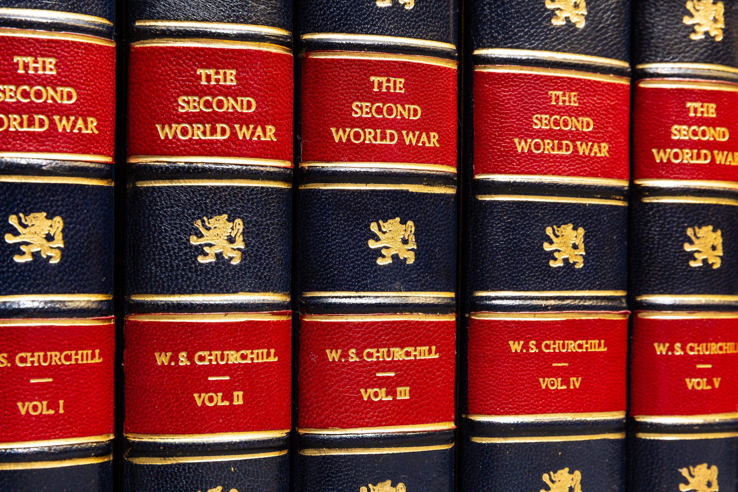6 Volumes. Winston Churchill, The Second World War. Bound in full blue morocco. Gilt ruling on covers. Raised bands. All edges gilt. Red morocco labels on spine. First Edition. Published: London; Cassell & Co. Ltd. 1948.