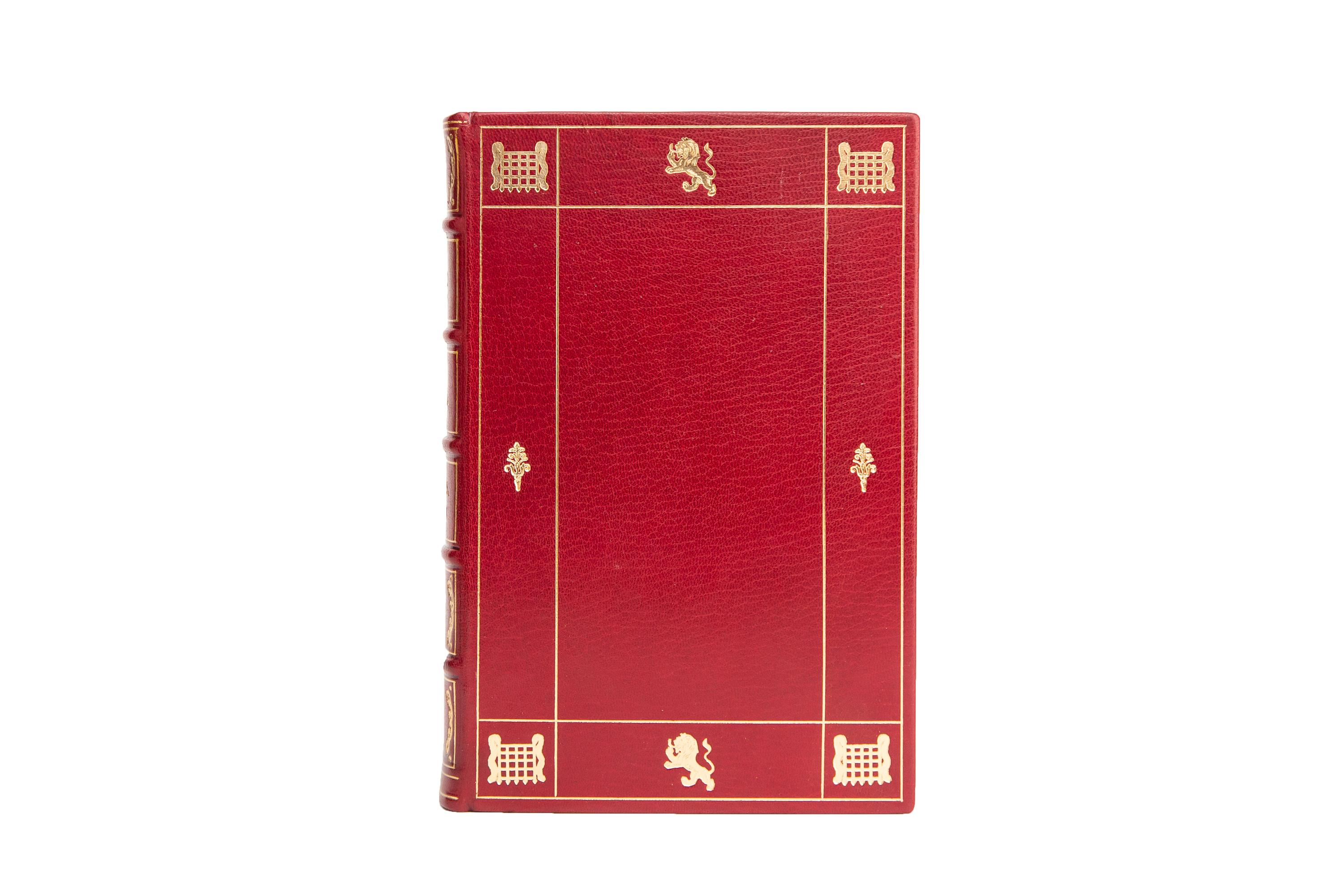 6 Volumes. Winston S. Churchill, The World Crisis. First Edition. Bound in full red morocco with covers displaying a border as well as imperial detailing along the edges, both in gilt tooling. Raised bands with panels displaying gilt bordering,