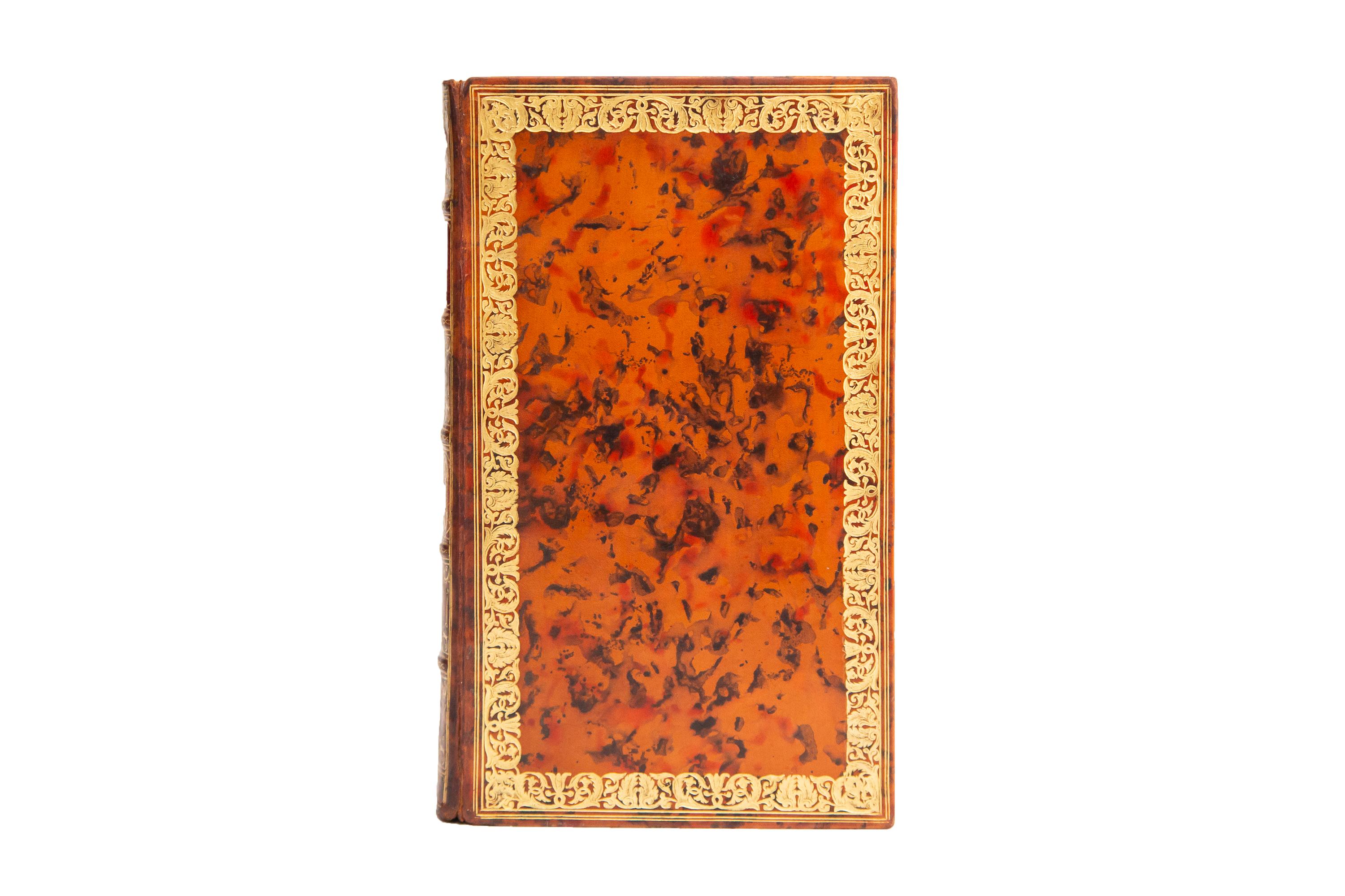 6 Volumes. (Anon) Celebrated Trials and Remarkable Cases of Criminal Jurisprudence. Bound in full speckled multi-color tan calf with covers displaying ornate floral gilt-tooled bordering. Raised bands gilt with panels displaying gilt tooling and