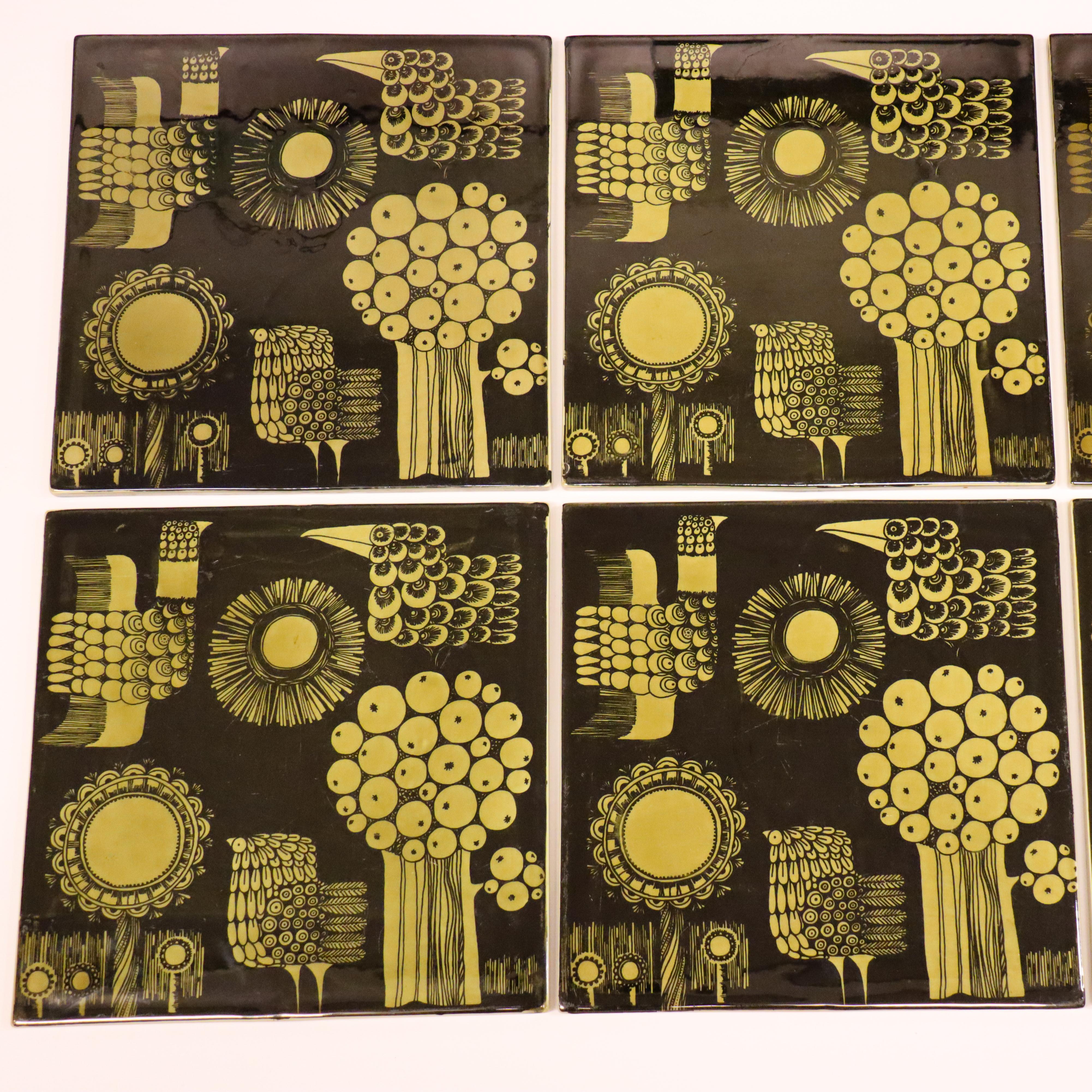 Suédois 6 Plaques murales / Carreaux,  Rörstrand - Olle Alberius - Noir et vert en vente