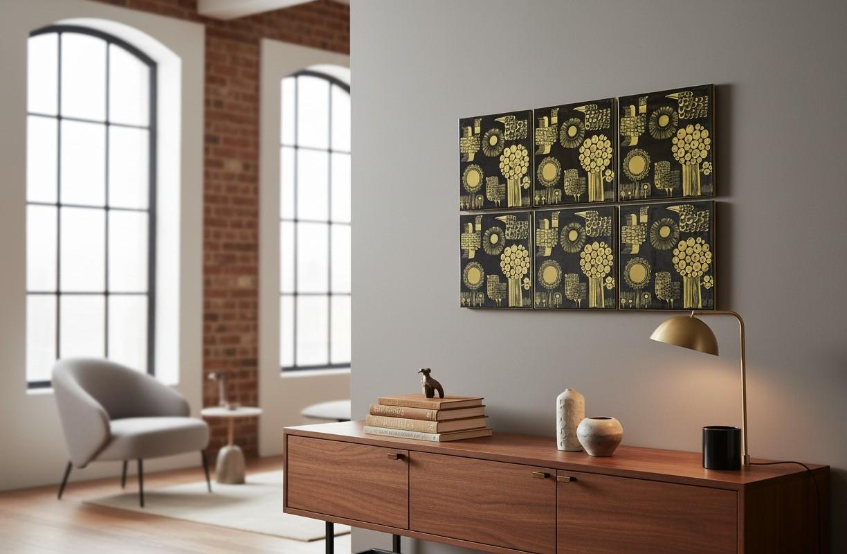 Un set di 6 piastrelle da parete/placche in porcellana disegnate da Olle Alberius a Rörstrand alla fine degli anni '60. Queste targhe hanno una decorazione di uccelli, fiori e alberi in nero e verde/giallo. Sono larghe 30 x 30 cm (12 x 12