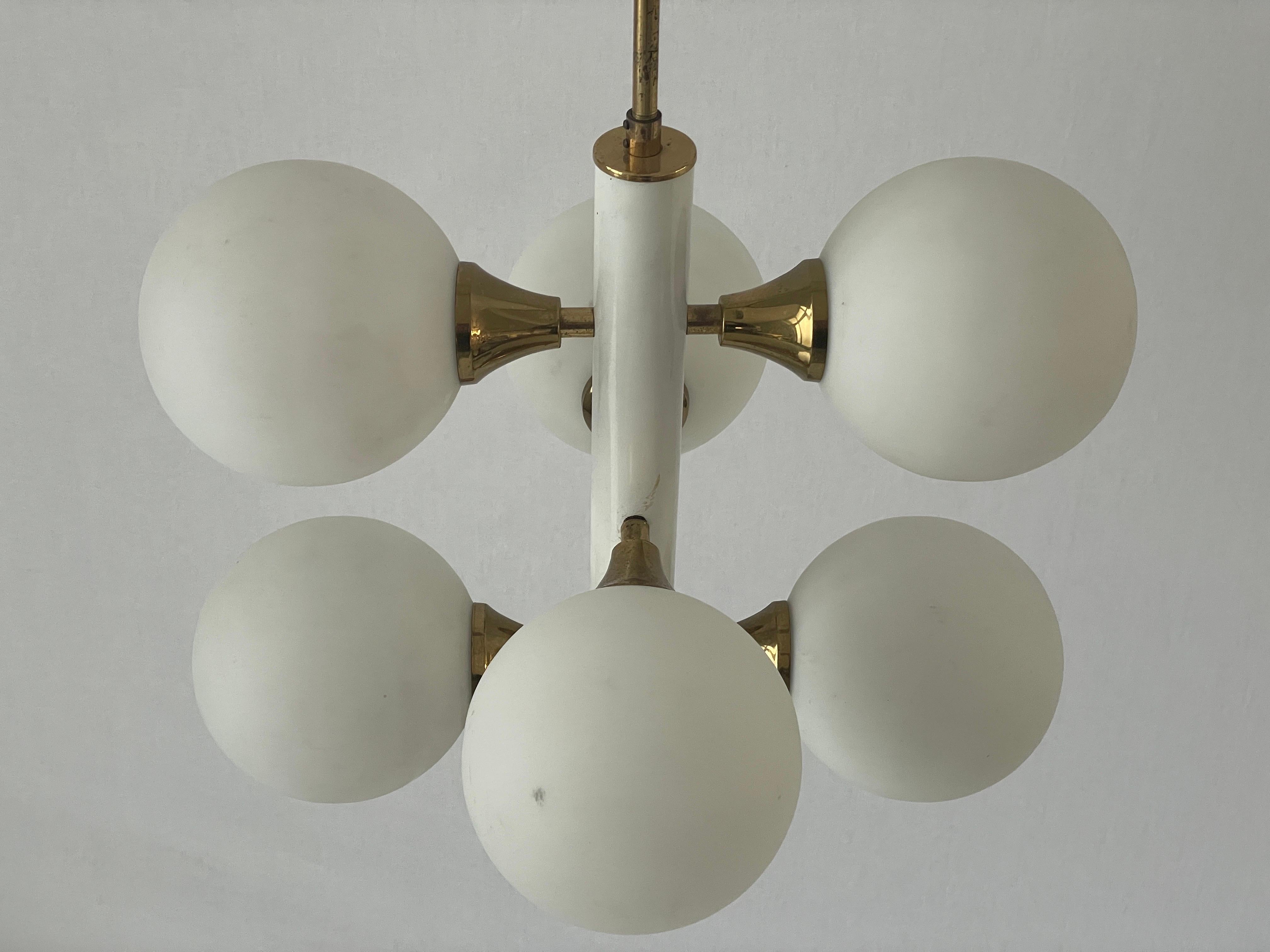 Mid-Century Modern 6 White Ball Glass Chandelier by Kaiser Leuchten, 1960s, Germany For Sale