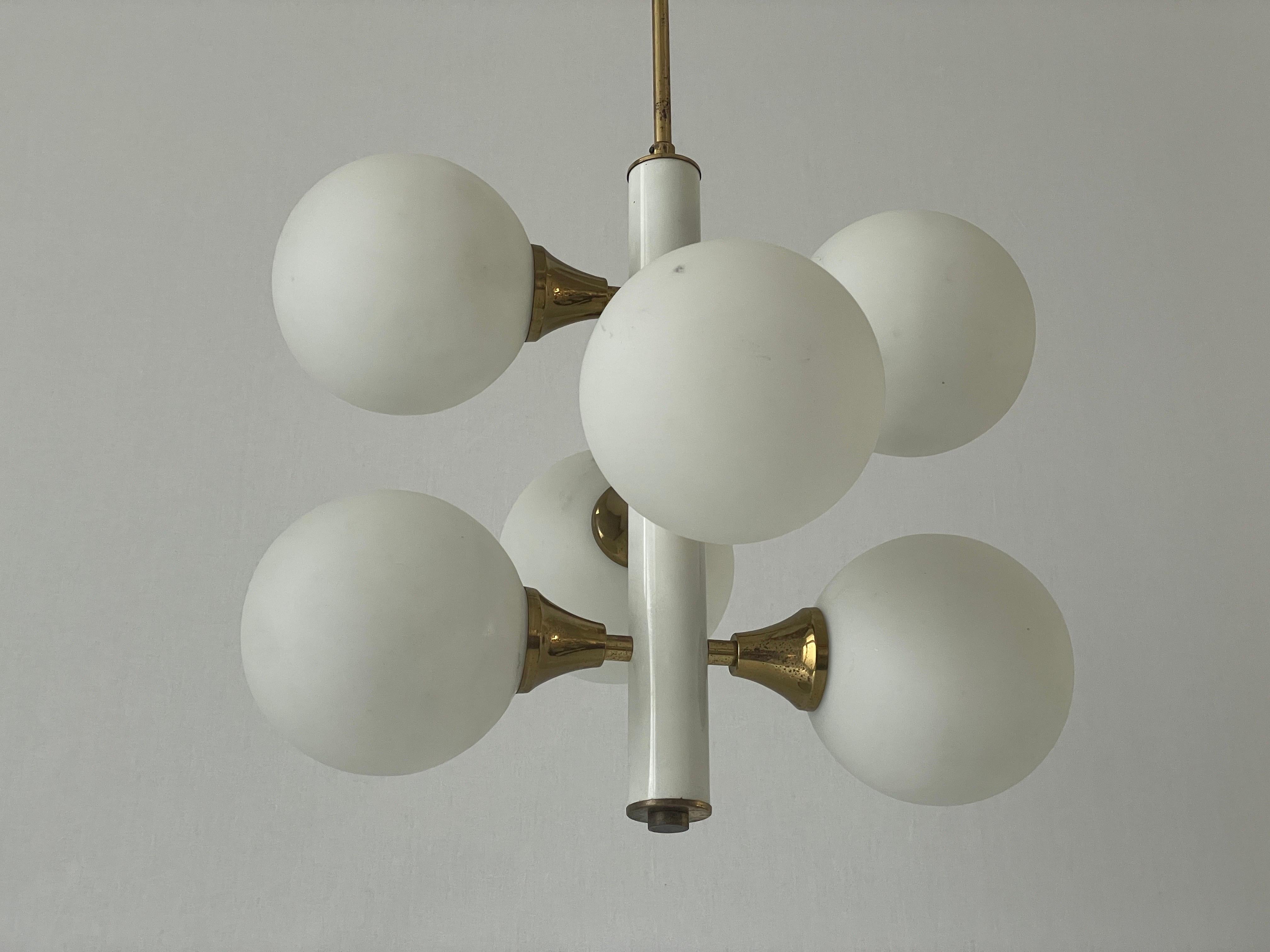 6 White Ball Glass Chandelier by Kaiser Leuchten, 1960s, Germany In Good Condition For Sale In Hagenbach, DE