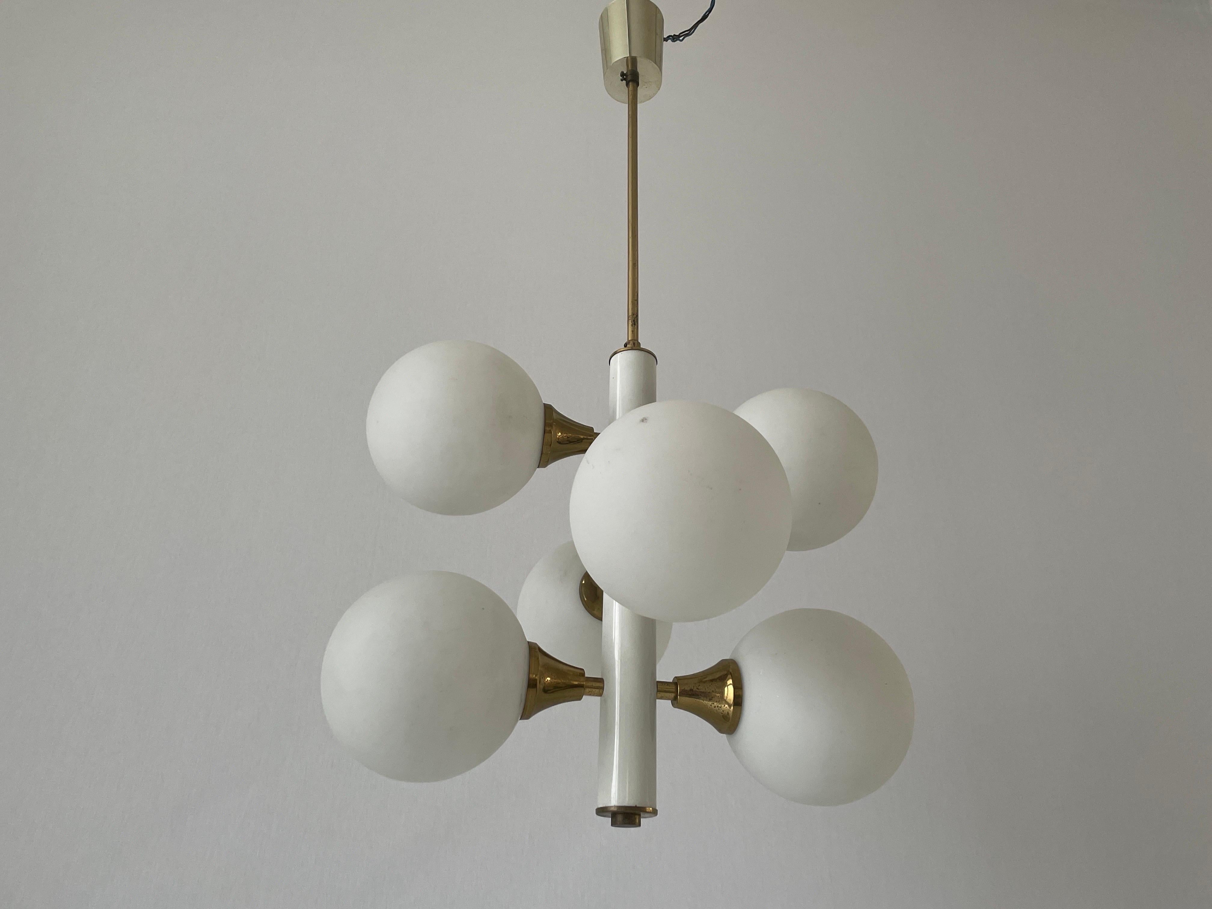 Mid-20th Century 6 White Ball Glass Chandelier by Kaiser Leuchten, 1960s, Germany For Sale