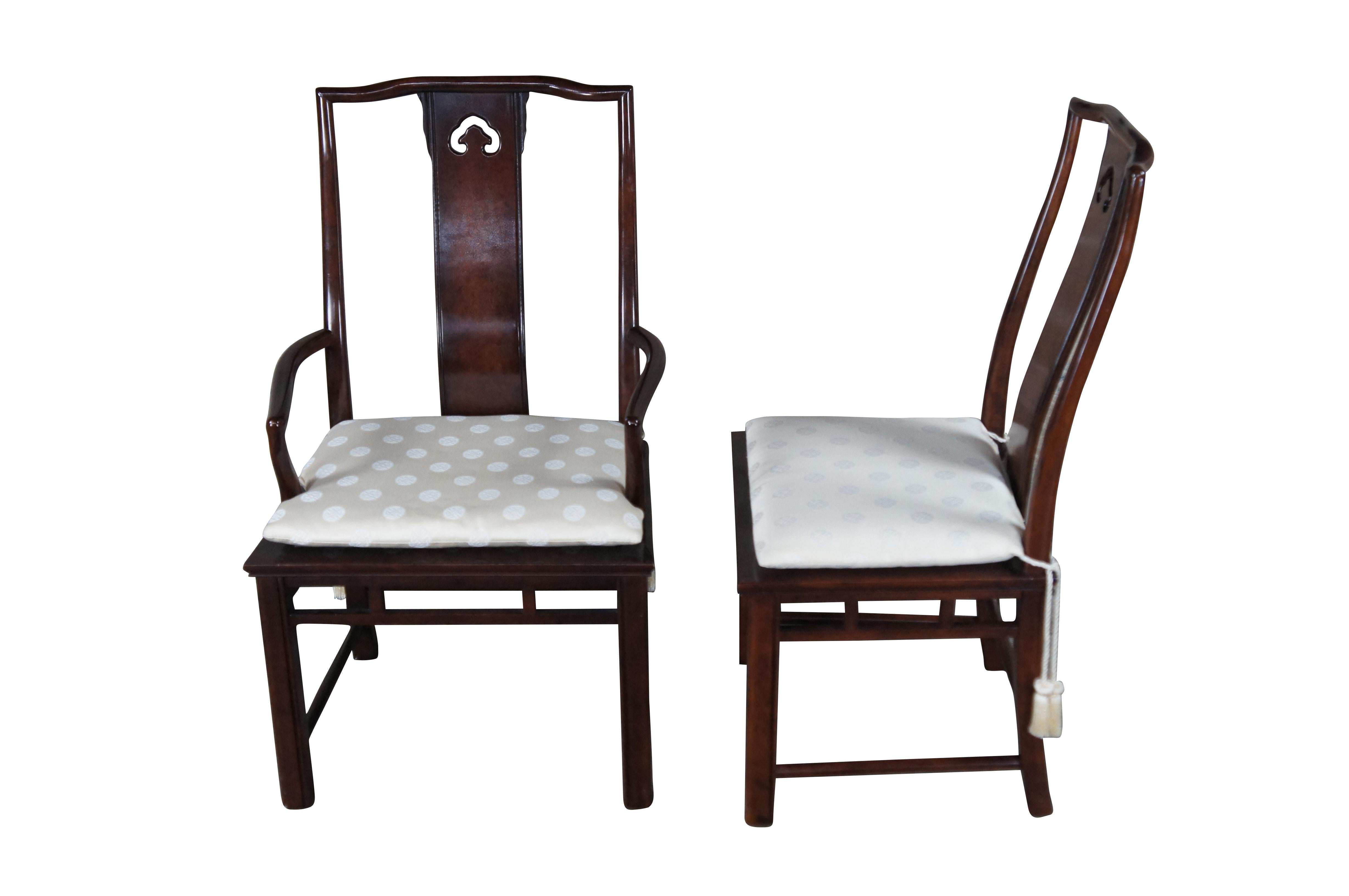 Sei sedie da pranzo vintage degli anni '80 della collezione Mandarin di White Furniture. Realizzato in mogano e radica, con forme in stile Ming. Caratterizzato da schienale burattato e traforato e cuscini imbottiti con simboli