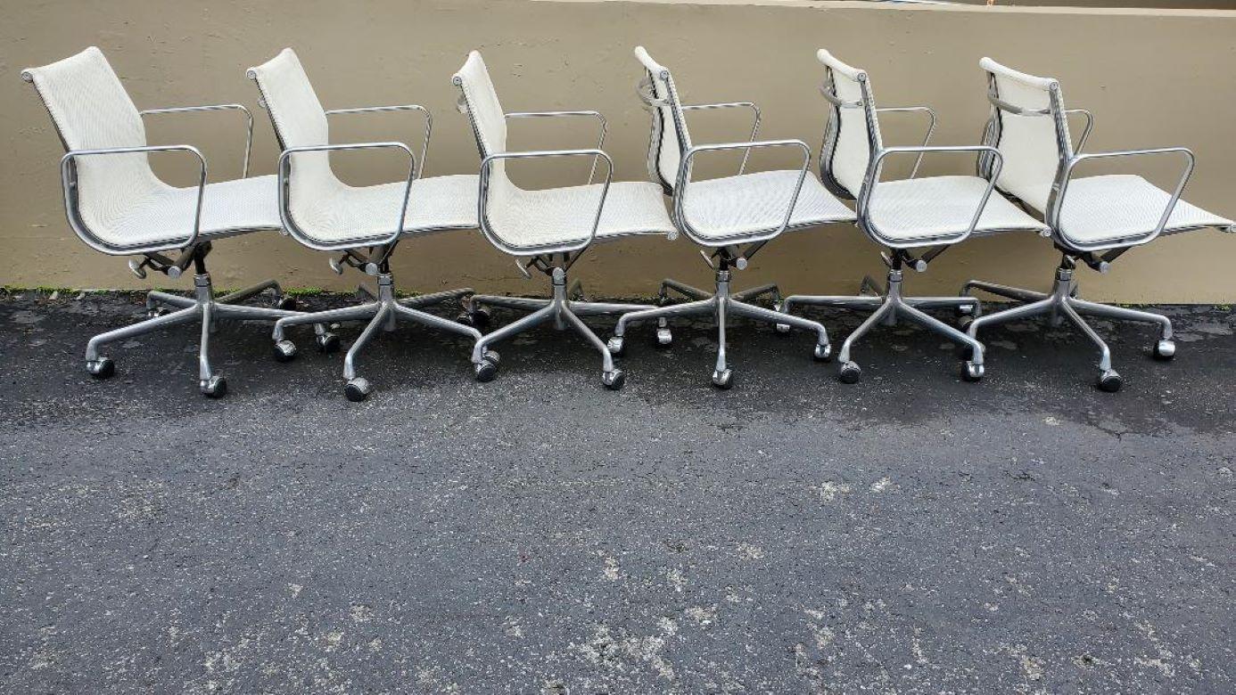 6 White Mesh Eames Herman Miller Tilt Swivel Aluminum Group Chairs 5 Star Base 10