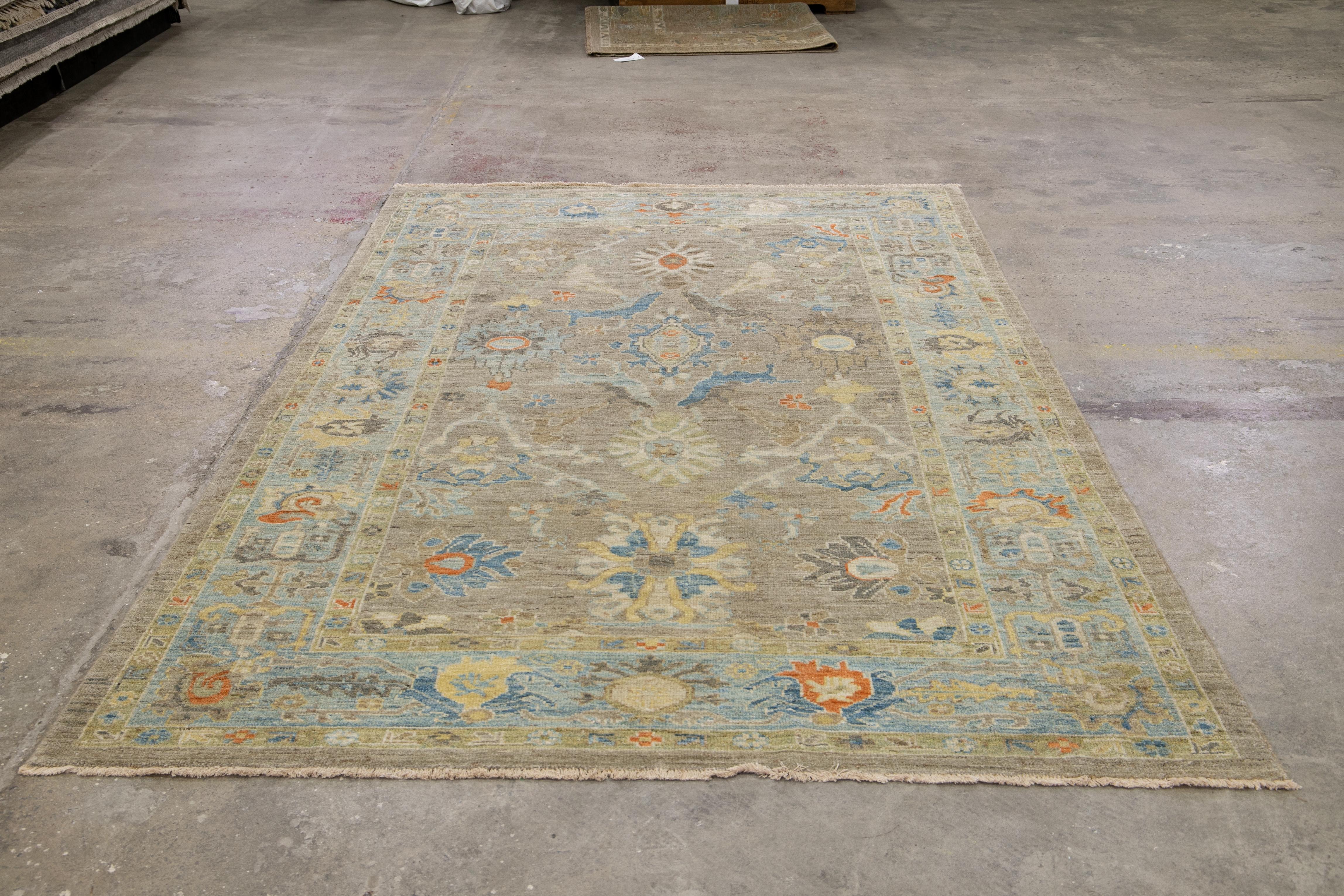 6 x 10 Modern Hand-knotted Sultanabad Brown Wool Rug With Floral Design For Sale 4