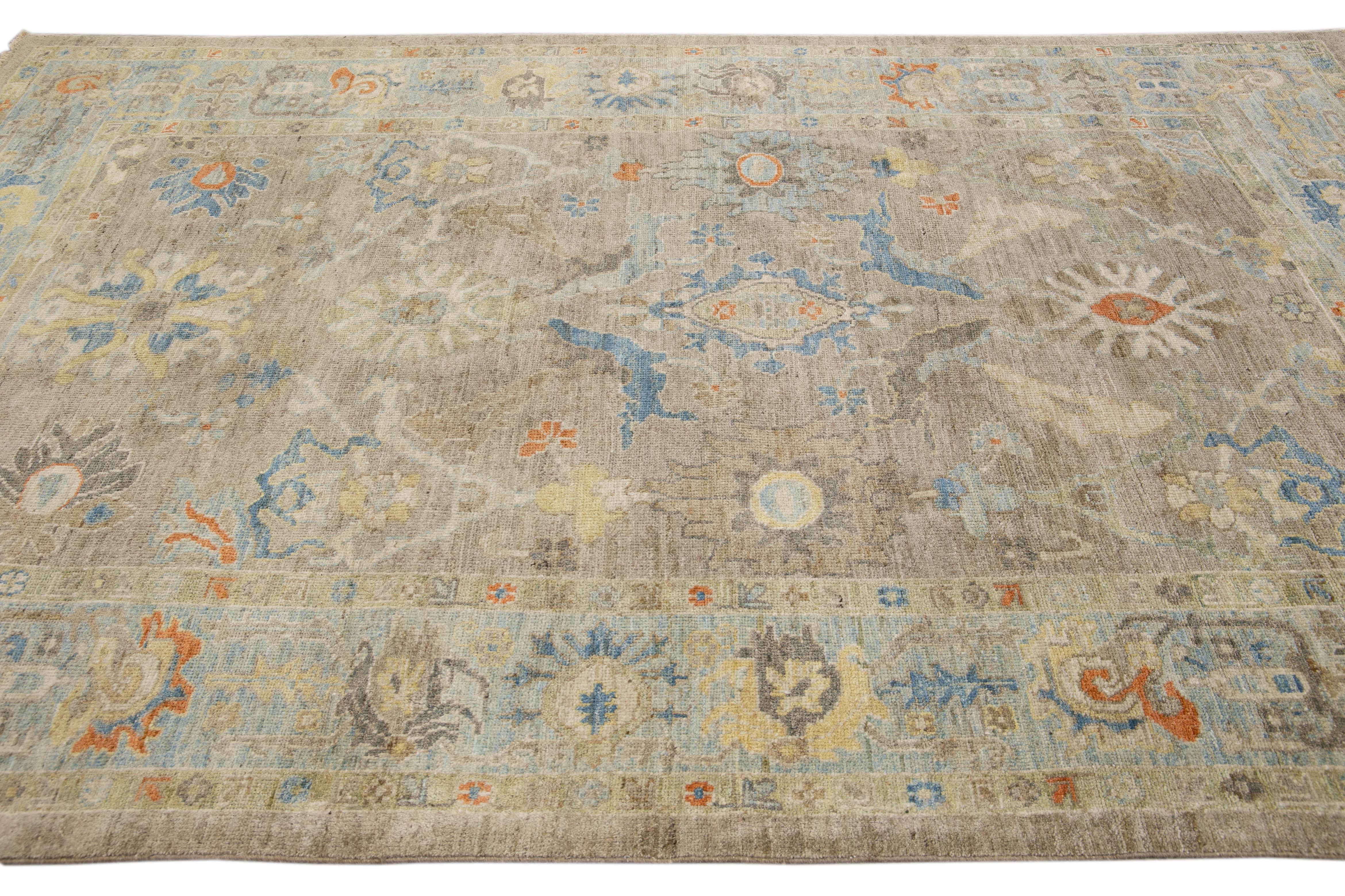 Hand-Knotted 6 x 10 Modern Hand-knotted Sultanabad Brown Wool Rug With Floral Design For Sale