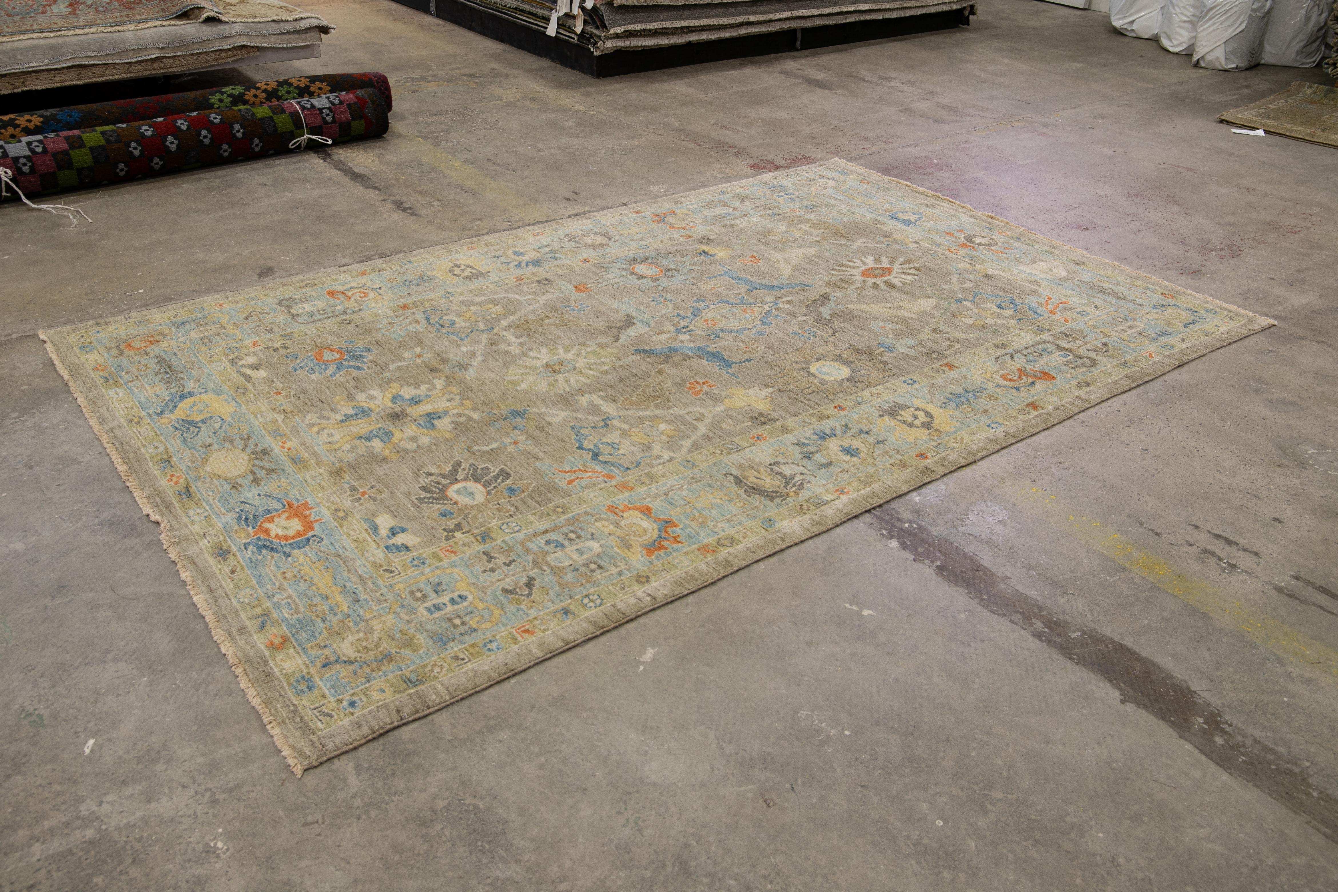 6 x 10 Modern Hand-knotted Sultanabad Brown Wool Rug With Floral Design For Sale 3