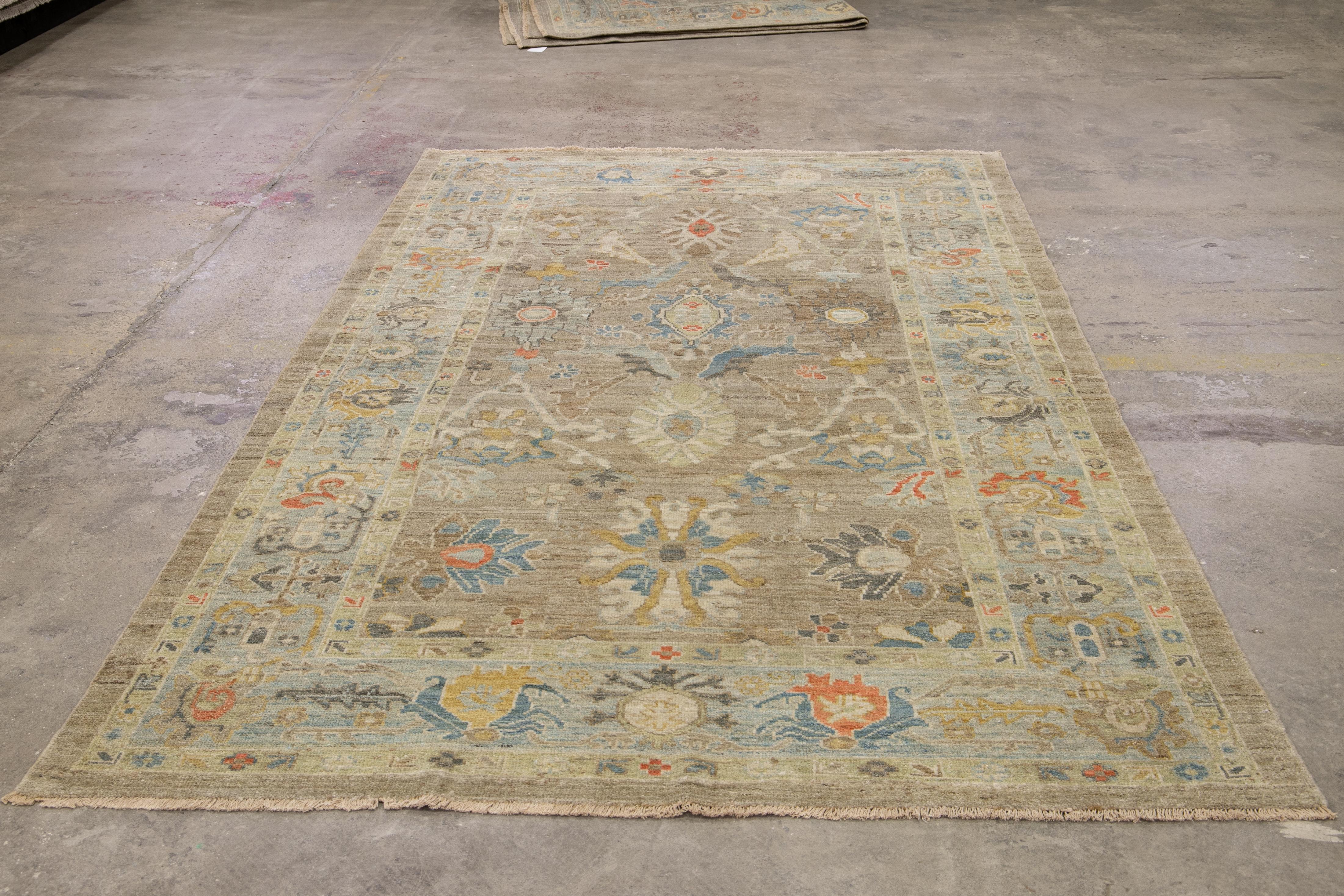 6 x 10 Modern Sultanabad Wool Rug Handmade In Brown With Floral Design For Sale 6
