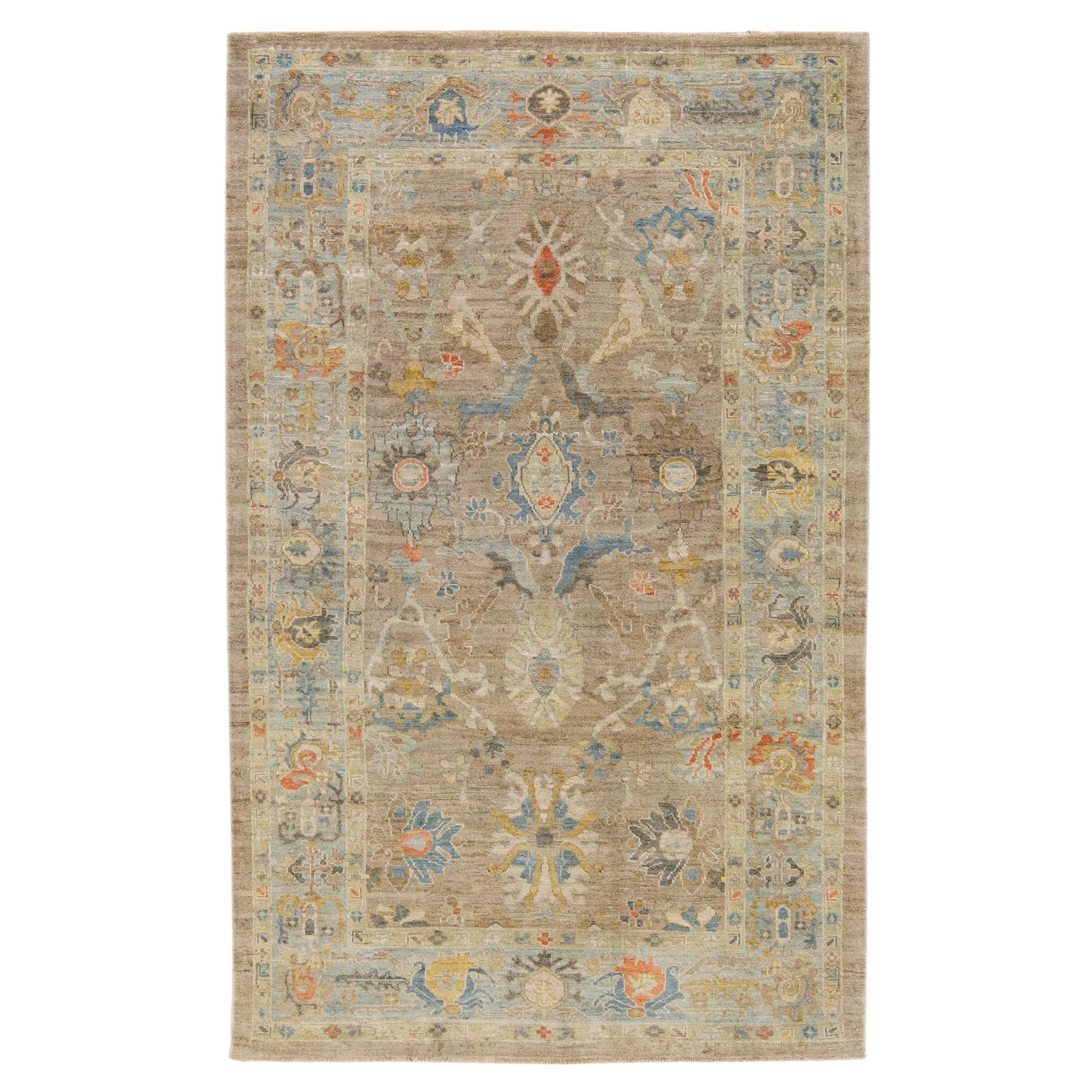 6 x 10 Modern Sultanabad Wool Rug Handmade In Brown With Floral Design For Sale