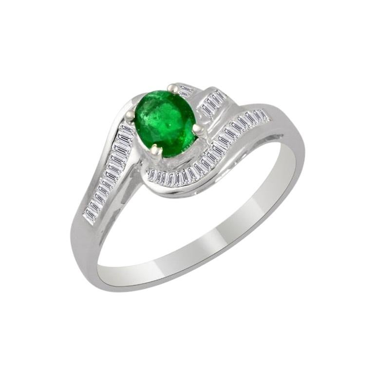Natural Brazilian Emerald & Diamond Ring 18 Karat White Gold