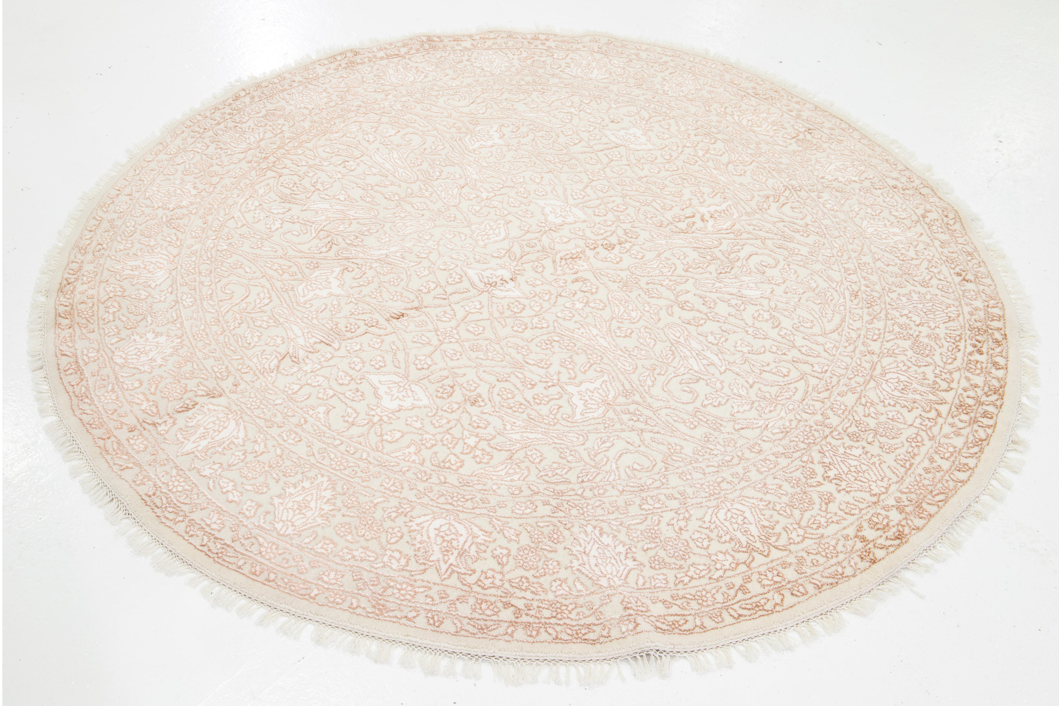 Contemporary 6 x 6 Modern Beige Wool and Silk Round Rug With Floral Design For Sale