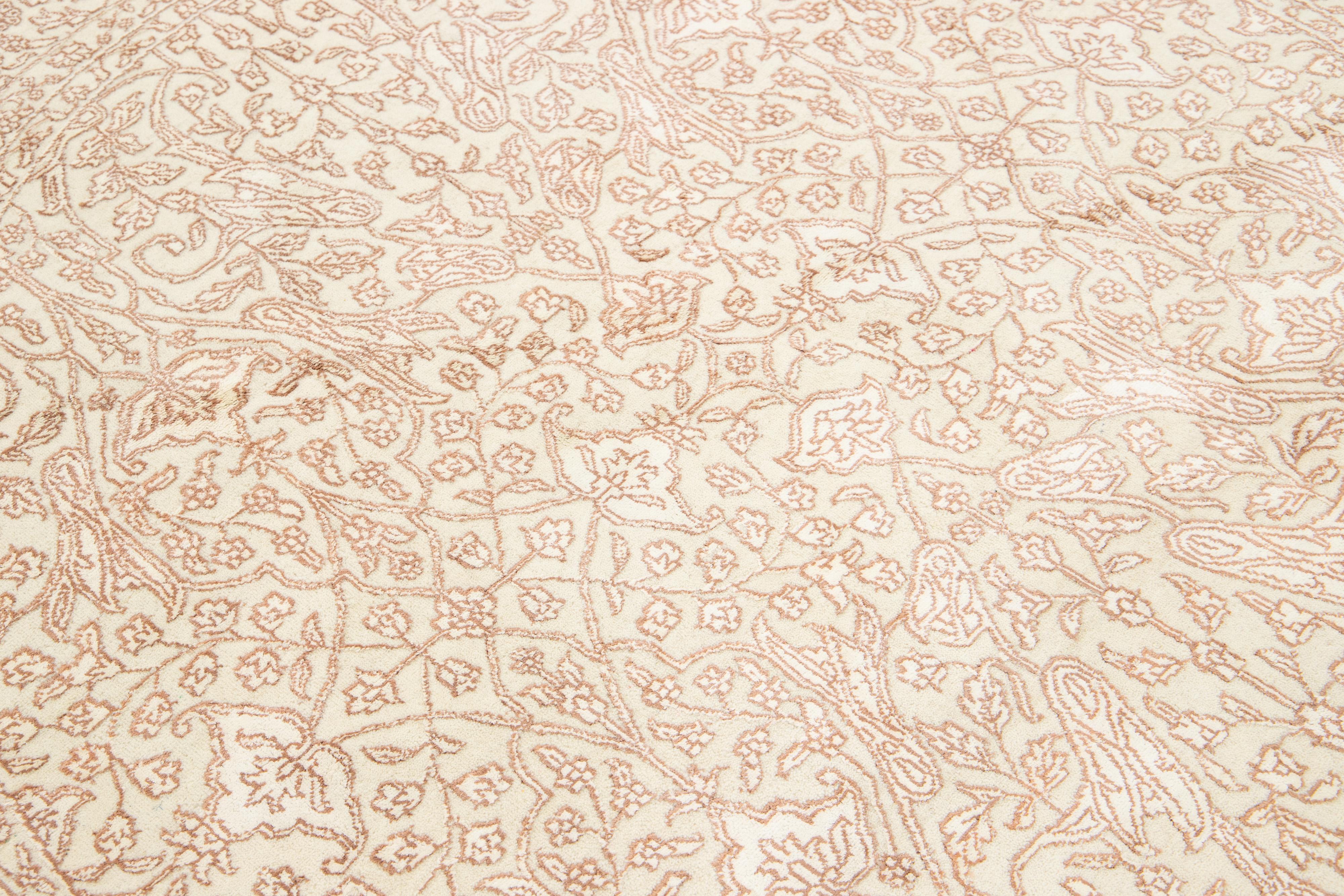 6 x 6 Modern Beige Wool and Silk Round Rug With Floral Design For Sale 1