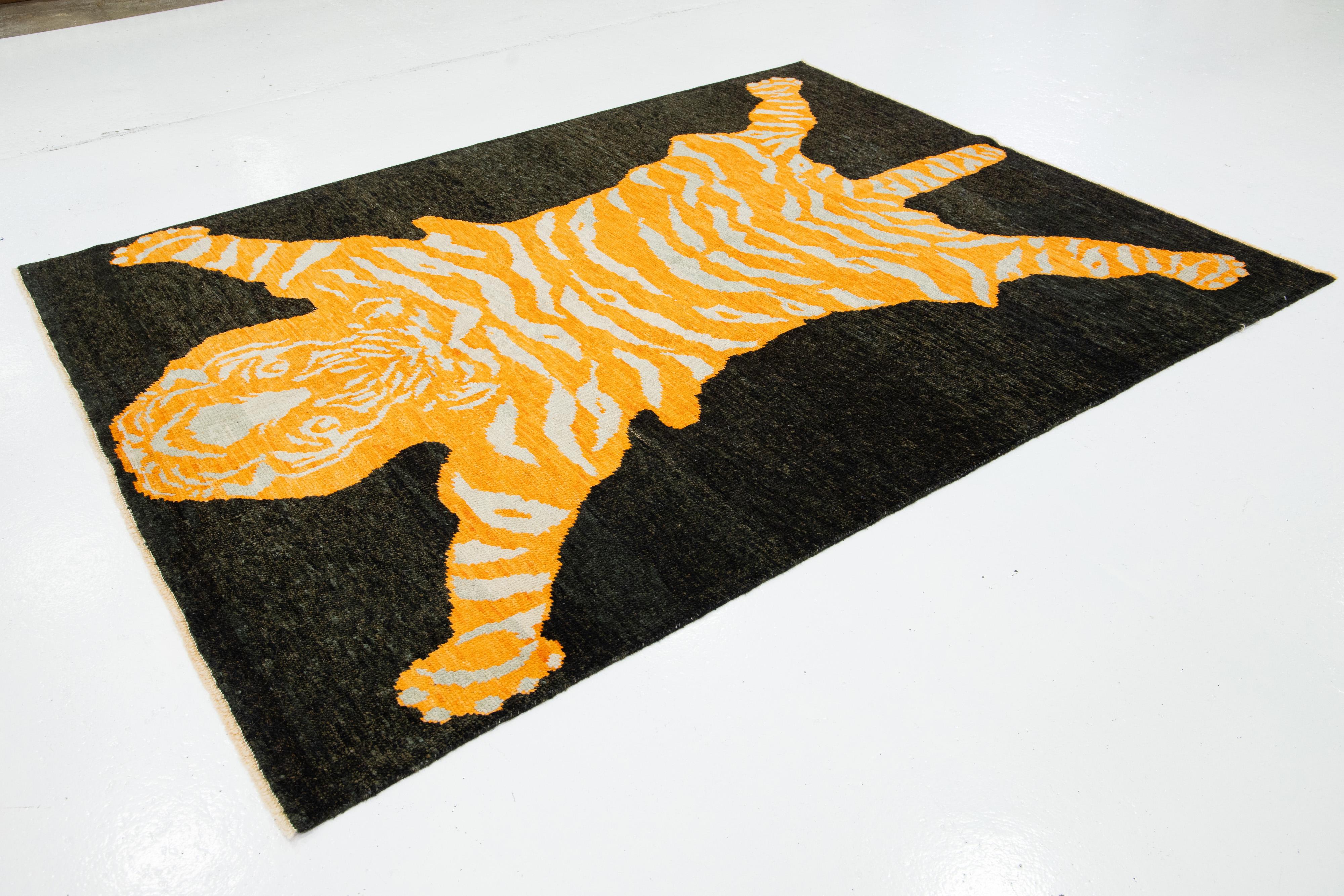 Art Deco 6 x 8 Handmade Tiger Designed Black Wool Rug  For Sale