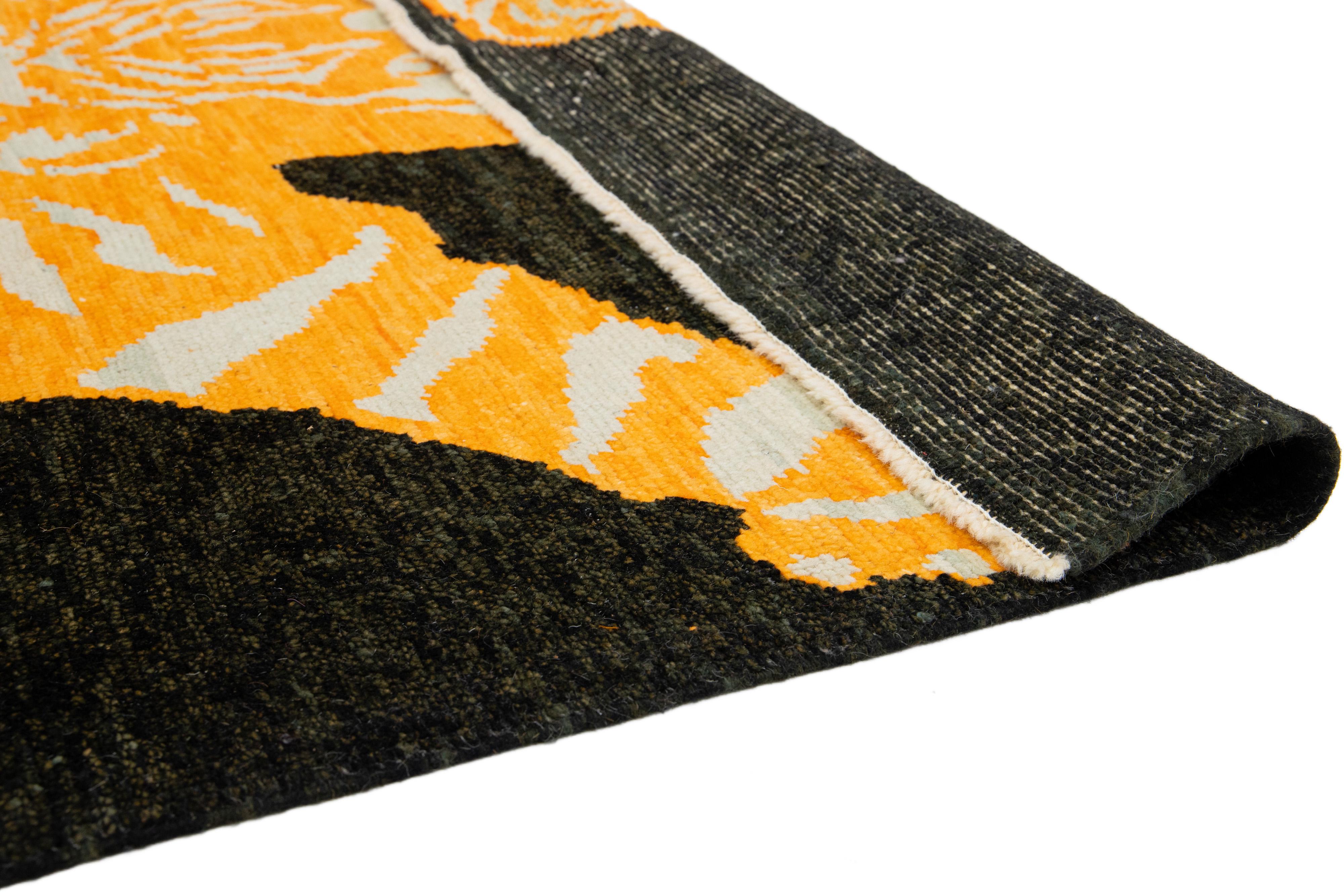 Hand-Knotted 6 x 8 Handmade Tiger Designed Black Wool Rug  For Sale