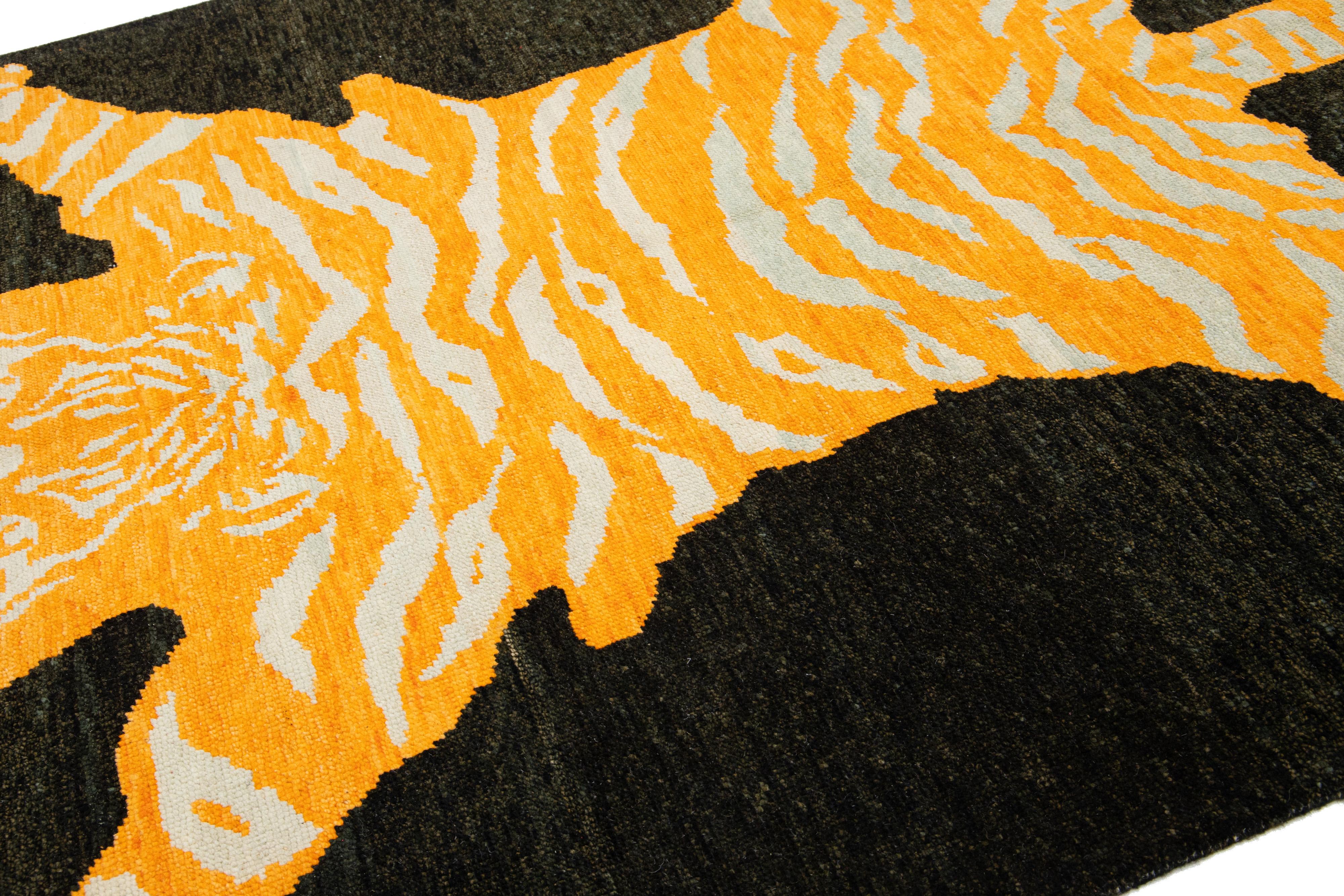 6 x 8 Handmade Tiger Designed Black Wool Rug  In New Condition For Sale In Norwalk, CT