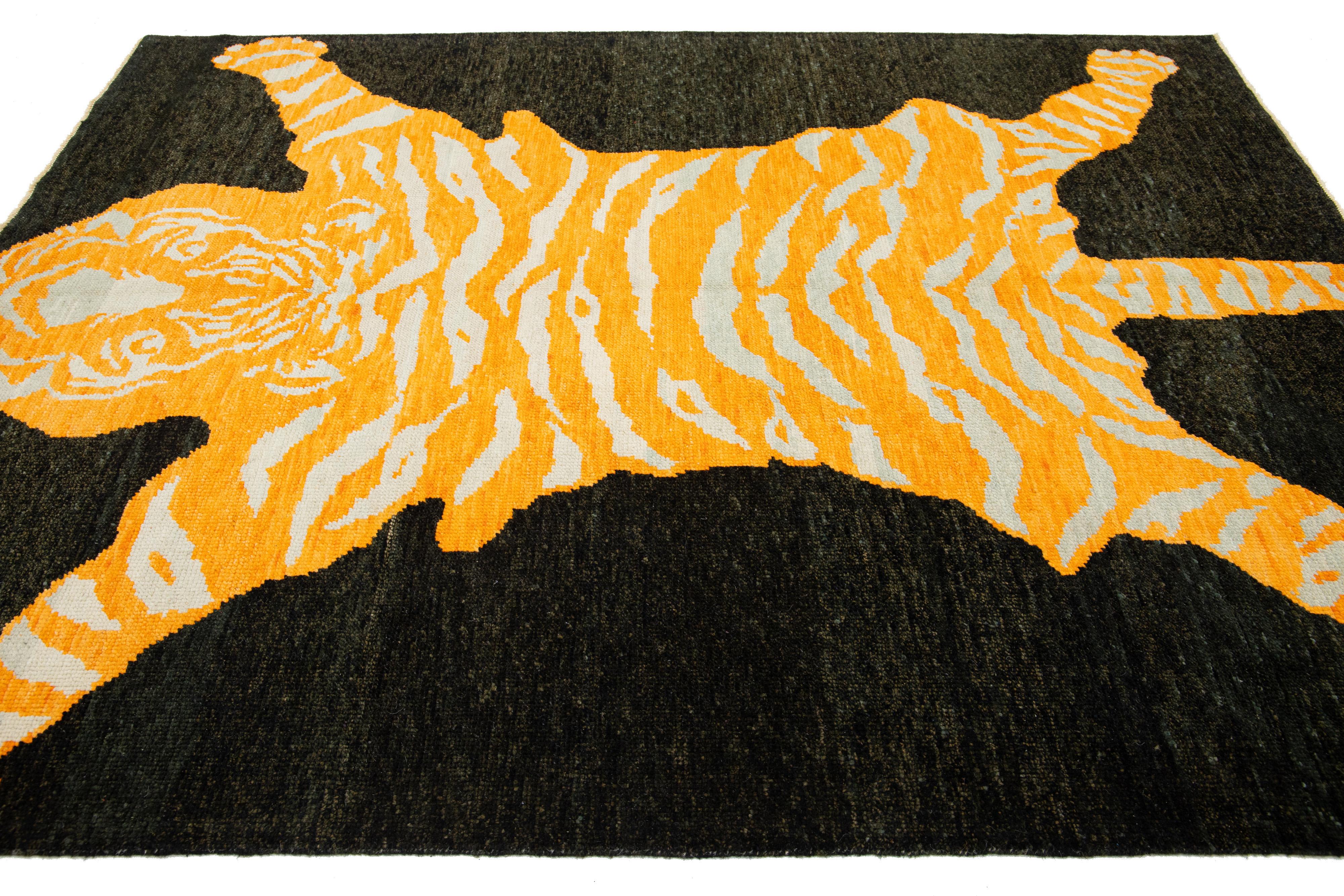 Contemporary 6 x 8 Handmade Tiger Designed Black Wool Rug  For Sale