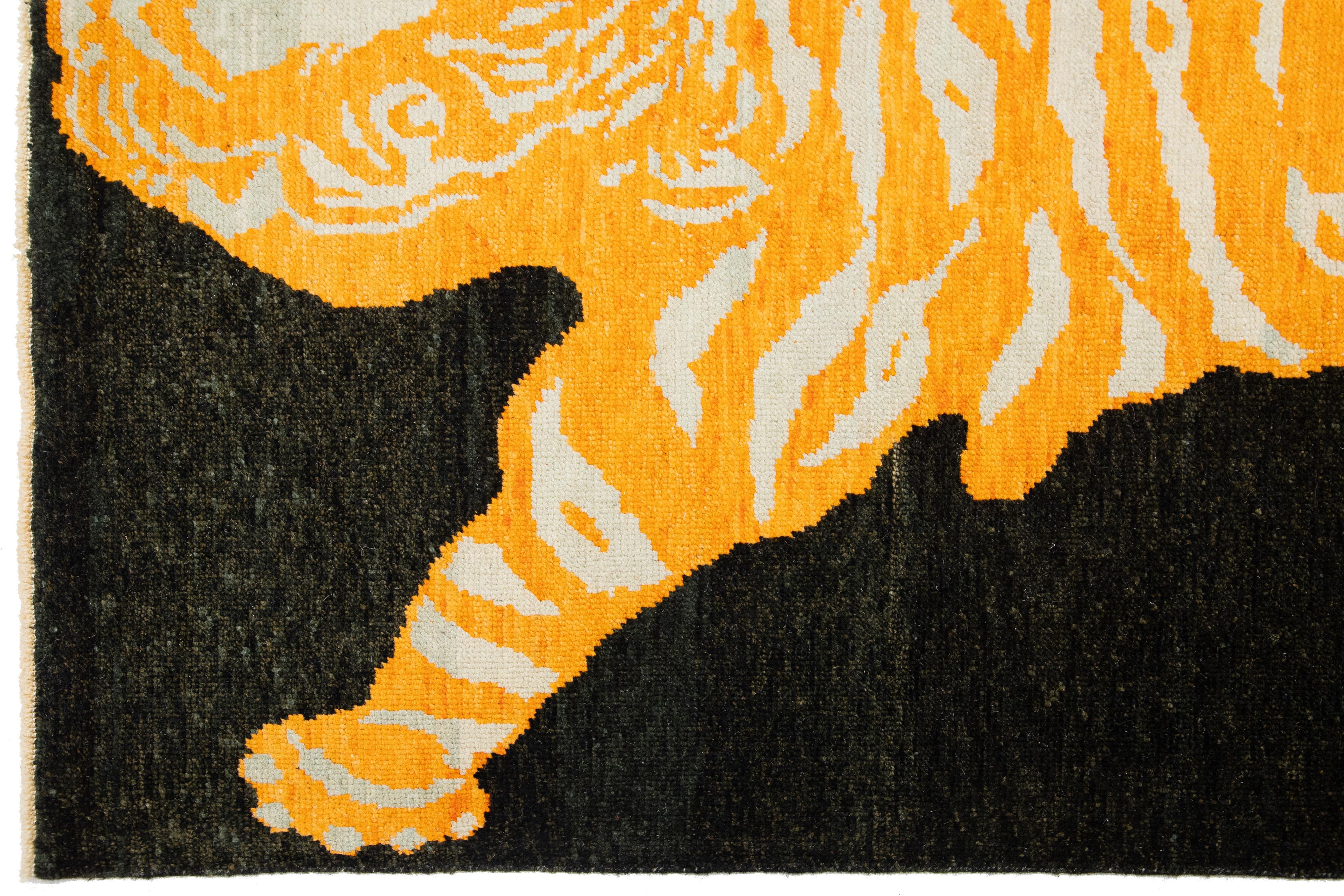6 x 8 Handmade Tiger Designed Black Wool Rug  For Sale 1