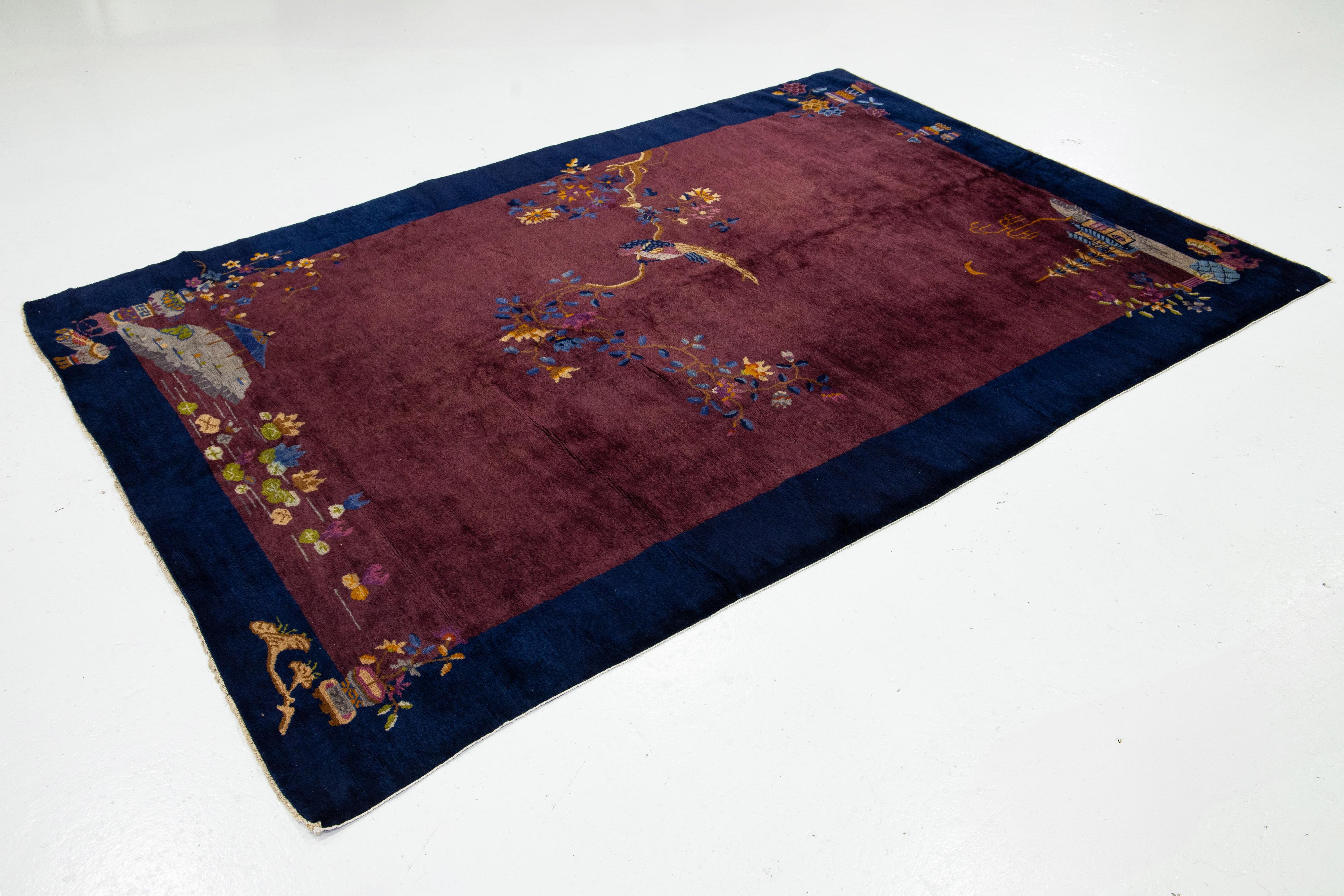 6 x 9 Antigua Alfombra China Art Decó De Lana Hecha A Mano En Borgoña Chino en venta