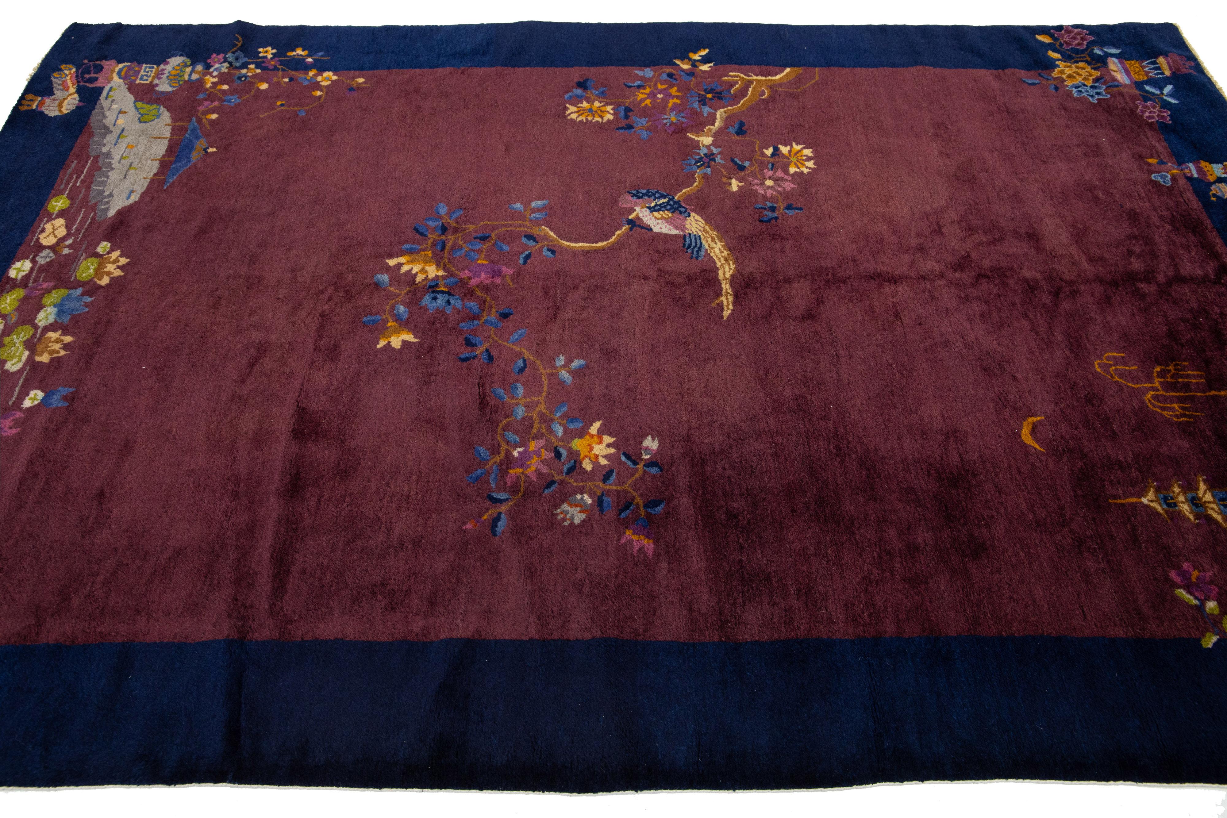 6 x 9 Antigua Alfombra China Art Decó De Lana Hecha A Mano En Borgoña siglo XX en venta