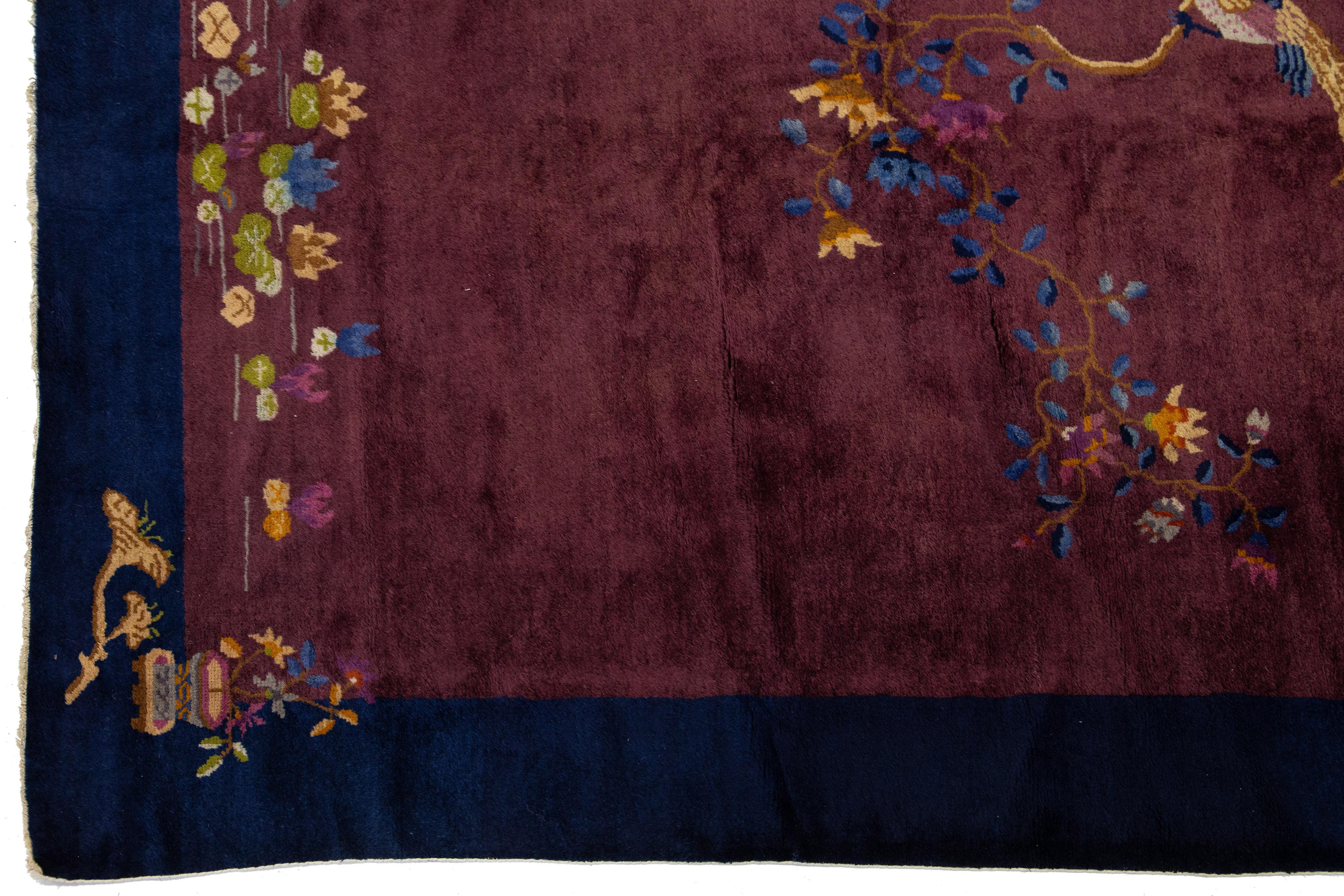 6 x 9 Antigua Alfombra China Art Decó De Lana Hecha A Mano En Borgoña en venta 1