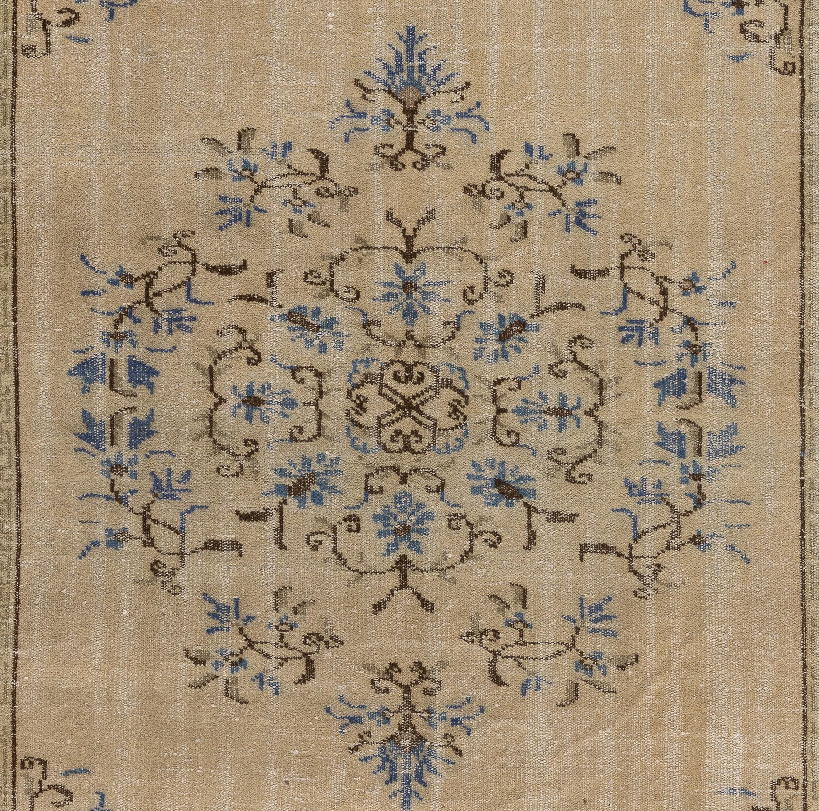 Vintage Oushak Rug, Wool Turkish Carpet in Beige, Brown, Blue Colors In Good Condition For Sale In Philadelphia, PA