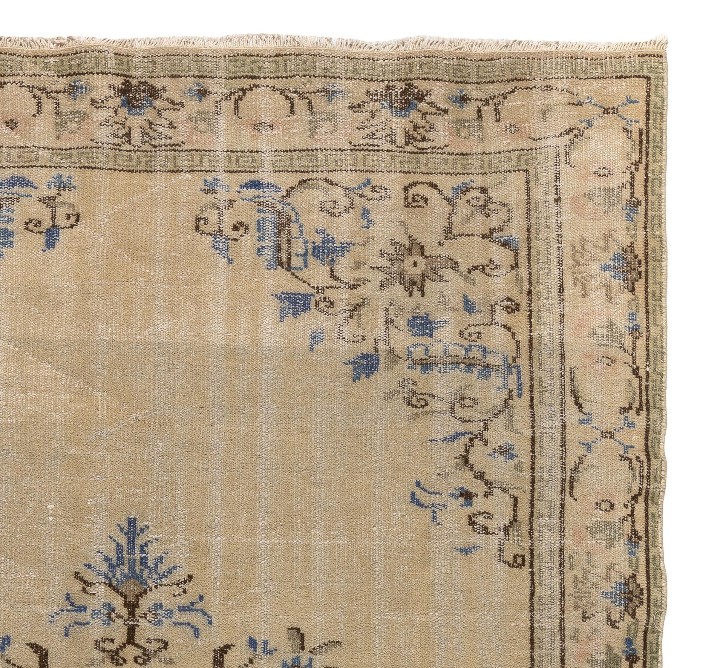Mid-20th Century Vintage Oushak Rug, Wool Turkish Carpet in Beige, Brown, Blue Colors For Sale