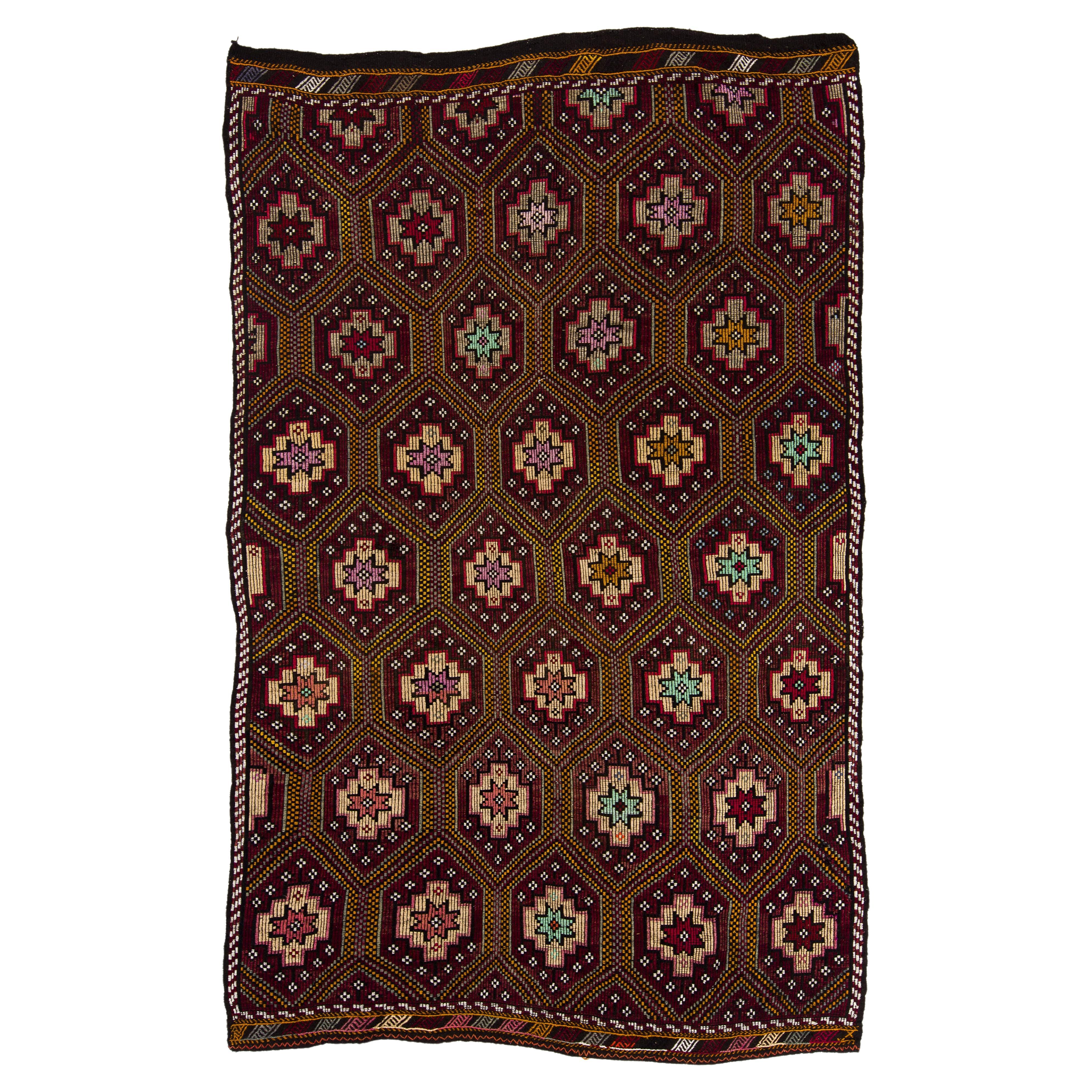 6x9.6 Ft Multicolored Vintage Hand-Woven Anatolian Jijim Wool Kilim Rug For Sale