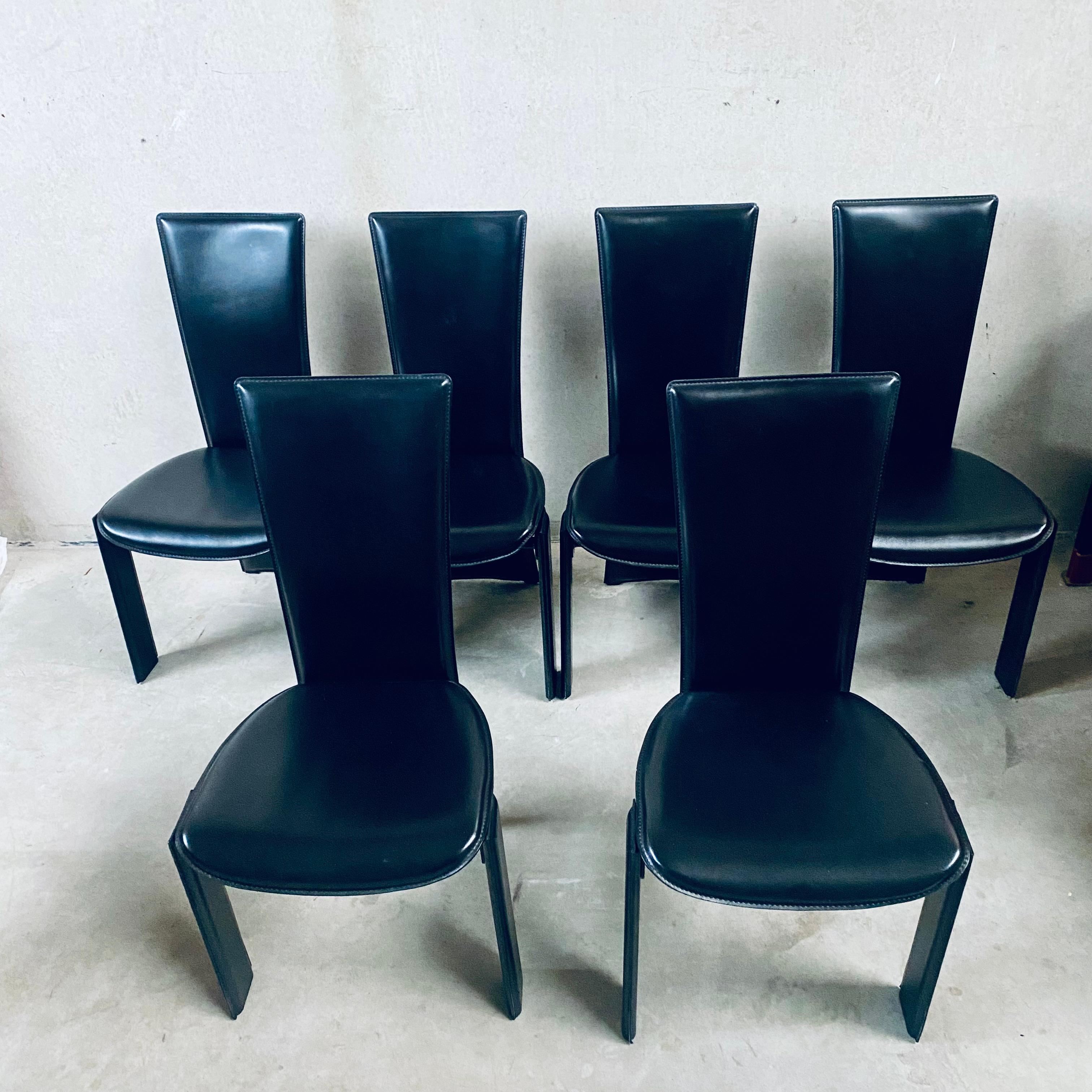6 x Black Leather Tripot Dining Chairs by Pietro Costantini, Italy 1980 For Sale 4