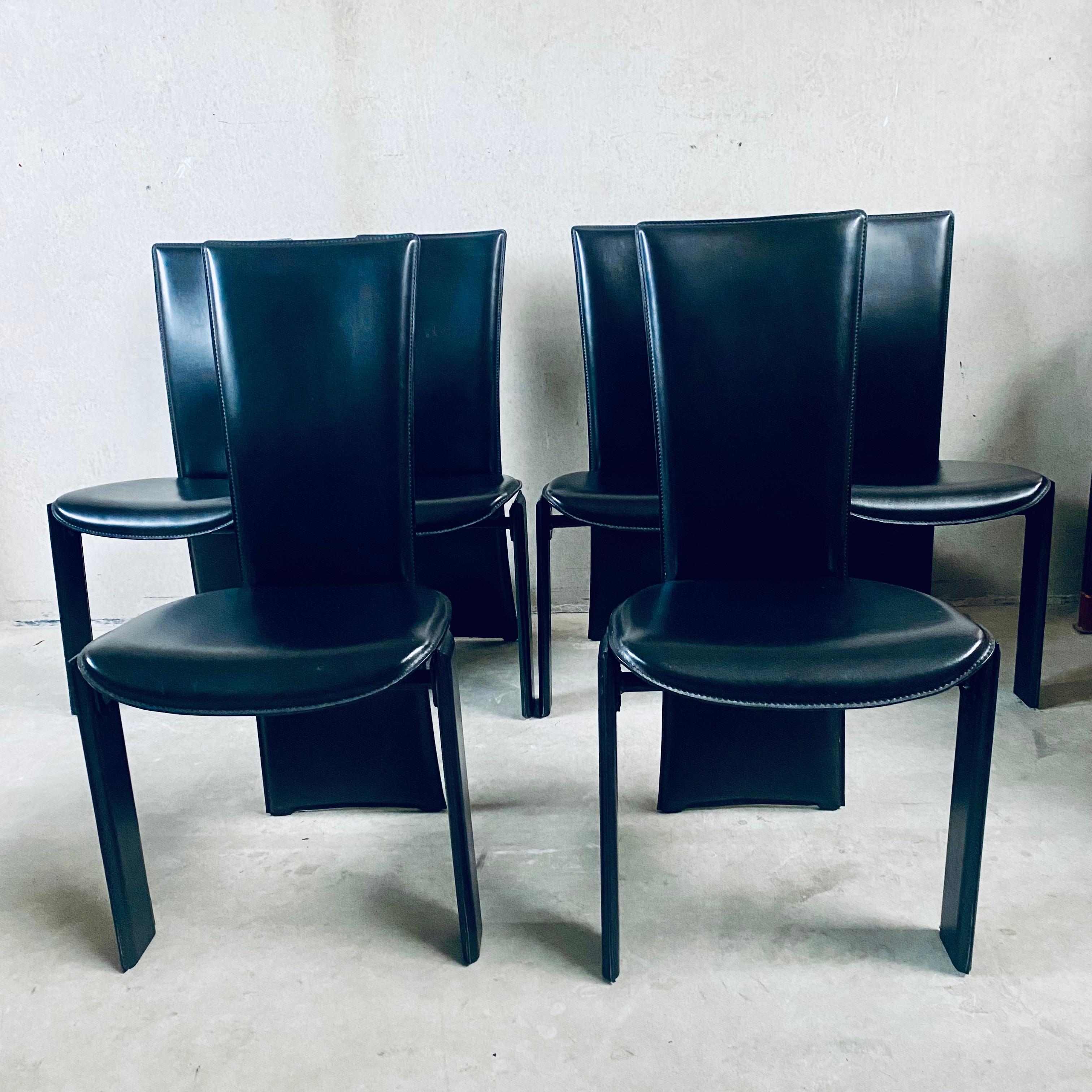 6 x Black Leather Tripot Dining Chairs by Pietro Costantini, Italy 1980 For Sale 6
