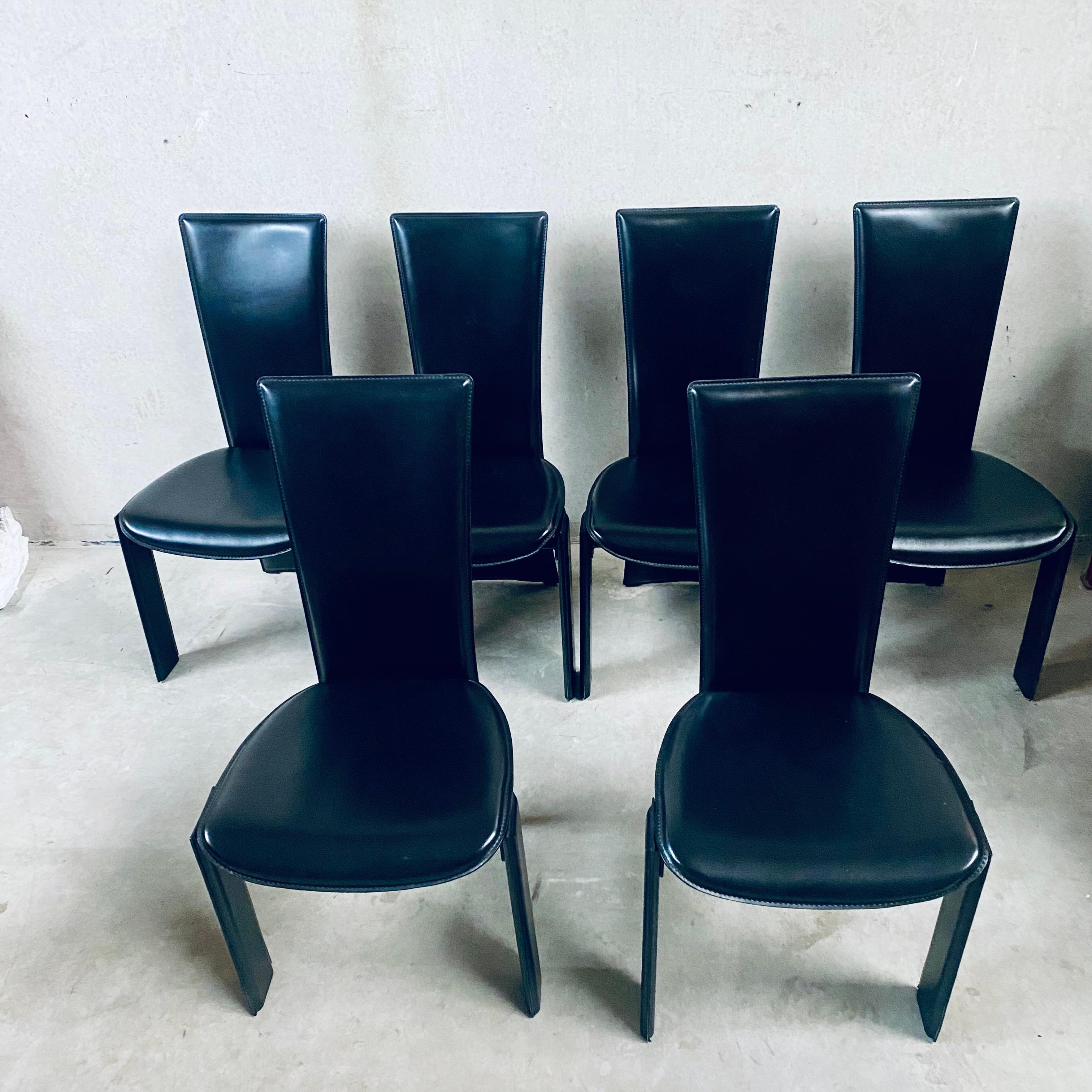 Italian 6 x Black Leather Tripot Dining Chairs by Pietro Costantini, Italy 1980 For Sale