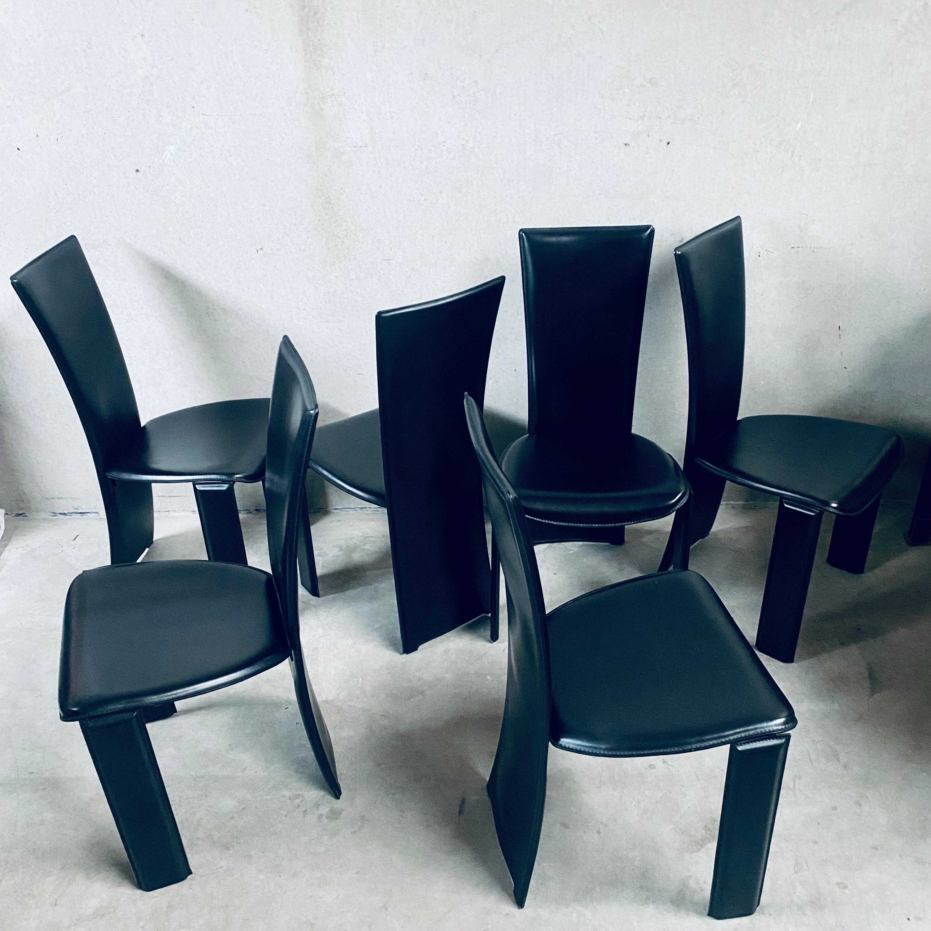 Late 20th Century 6 x Black Leather Tripot Dining Chairs by Pietro Costantini, Italy 1980 For Sale