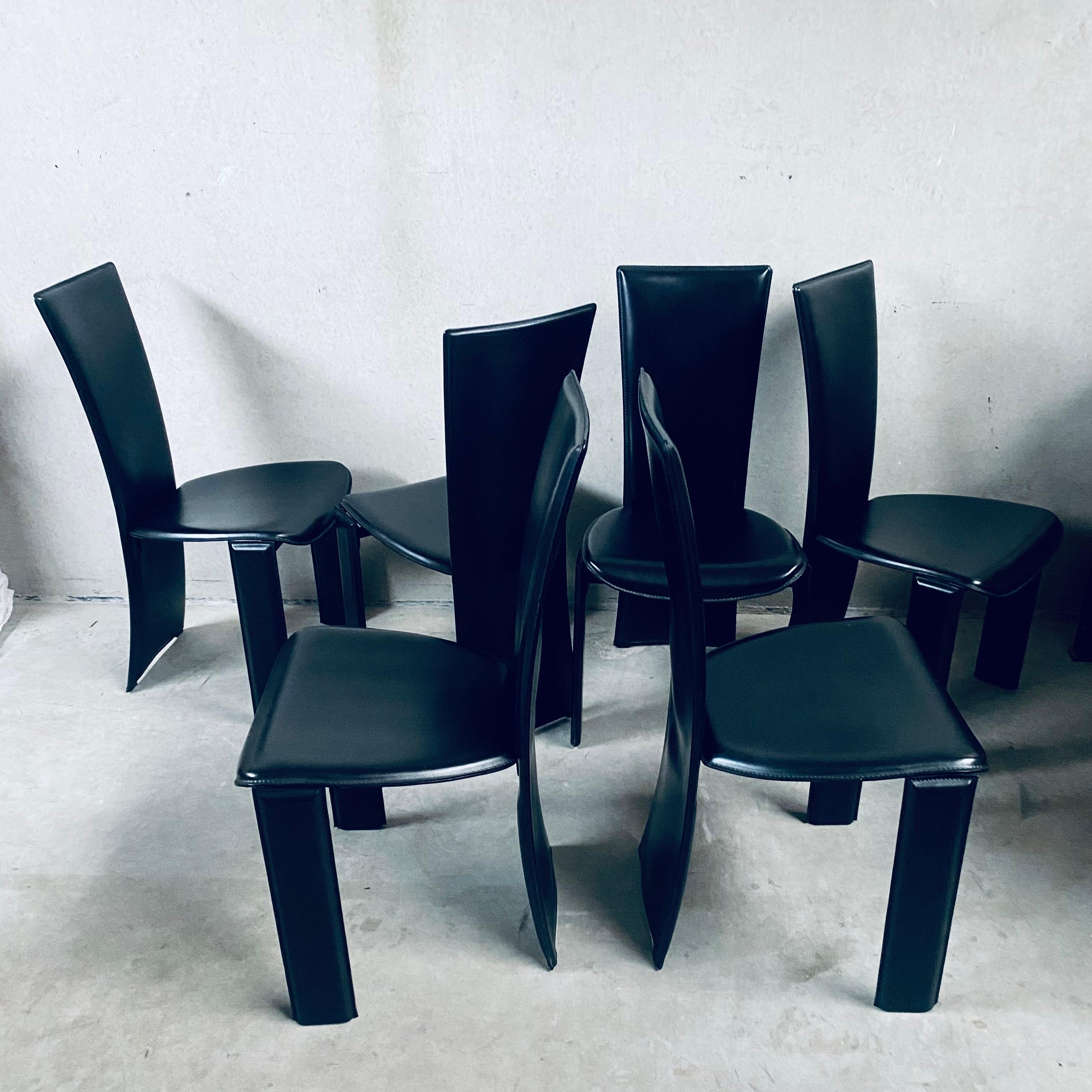 Metal 6 x Black Leather Tripot Dining Chairs by Pietro Costantini, Italy 1980 For Sale