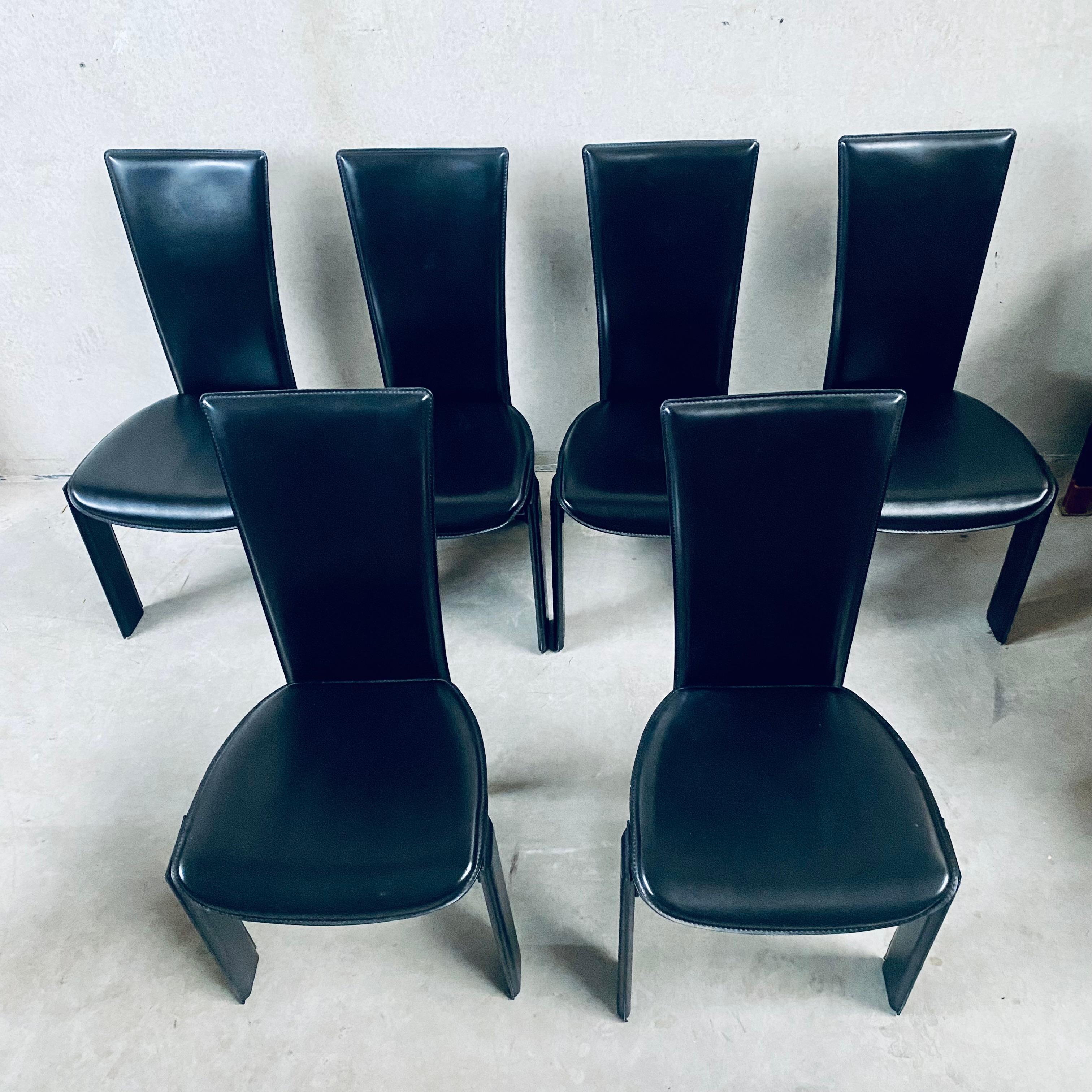 6 x Black Leather Tripot Dining Chairs by Pietro Costantini, Italy 1980 For Sale 2