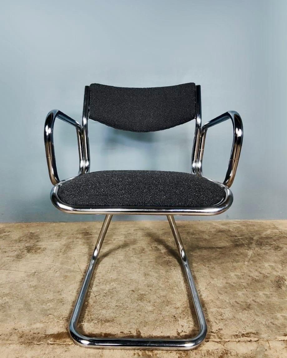 Mid-Century Modern 6 x Charcoal Black Grey Bouclé Mid Century Chrome Dining Chairs Vintage Retro For Sale