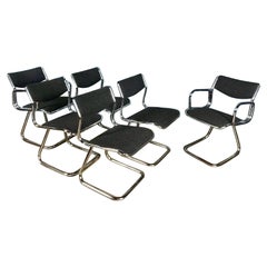 6 x Charcoal Black Grey Bouclé Mid Century Chrome Dining Chairs Used Retro