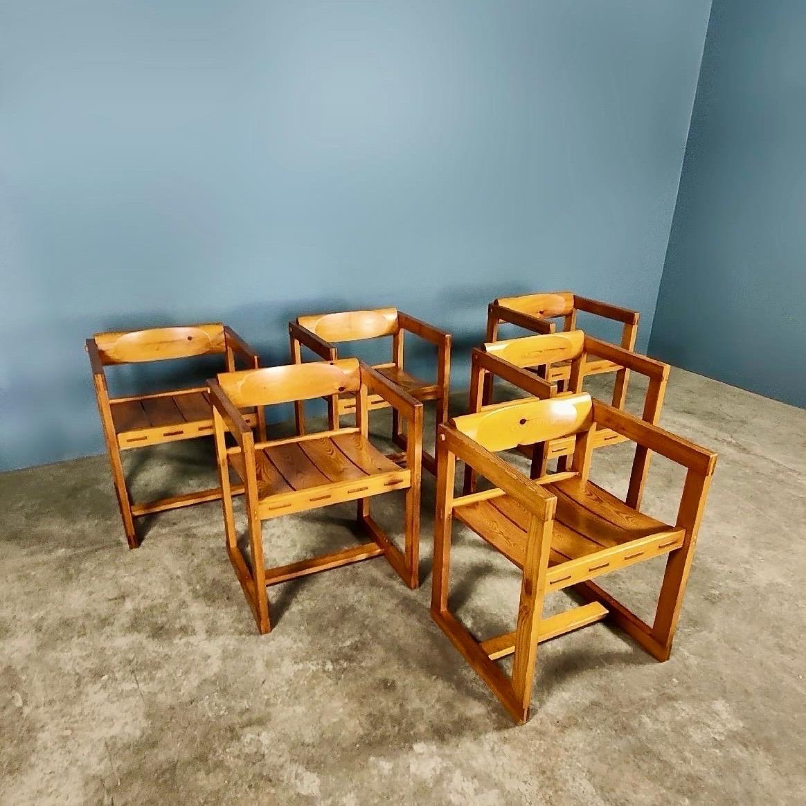 Mid-Century Modern 6 x Edvin Helseth Trybo Fureka 313 Pine Brutalist Dining Chairs Stange Bruk For Sale
