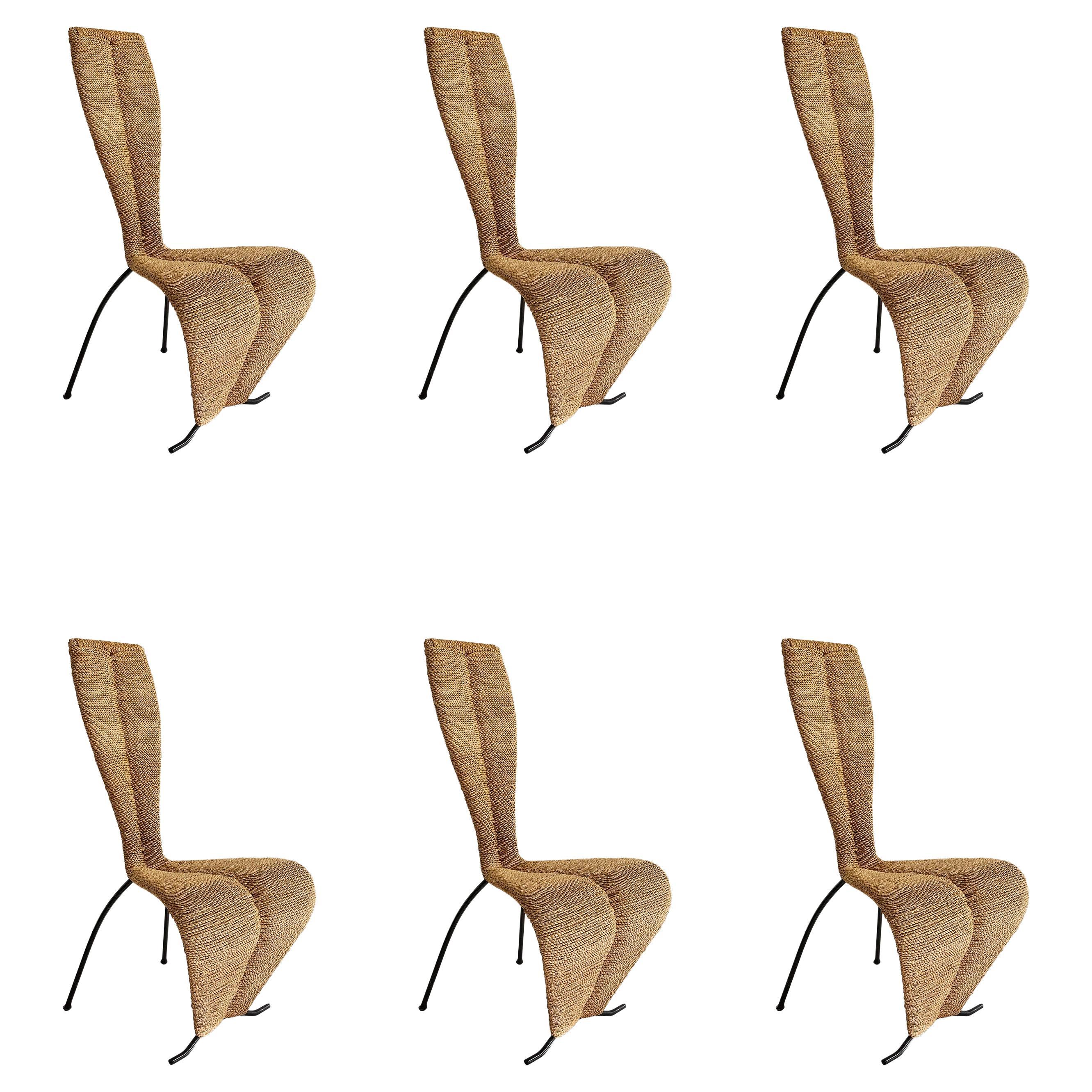 6 x Hourglass Rope Dining Chairs Tom Dixon Style Metal Frame UK 1980s Postmodern