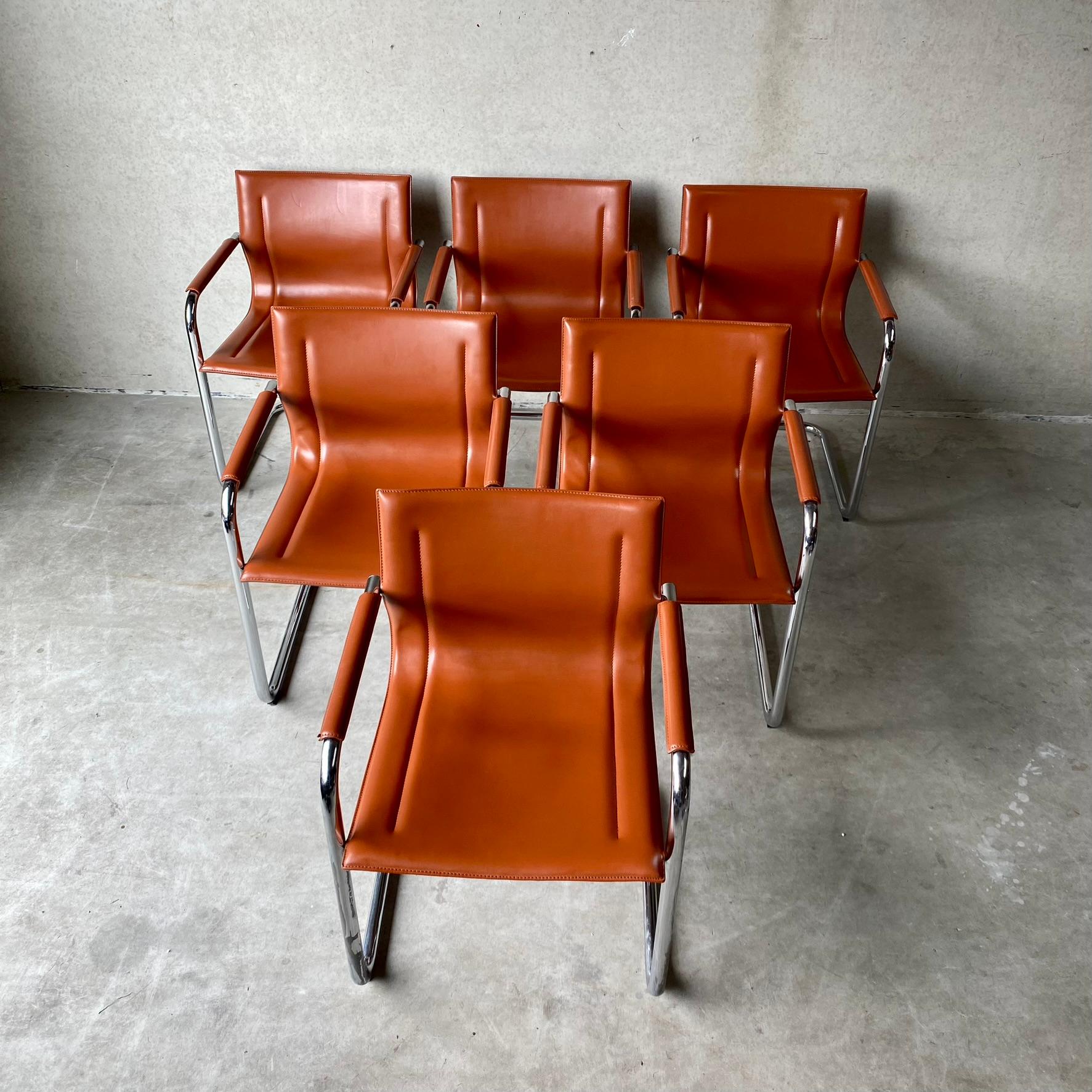 Mid-Century Modern 6 x Matteo Grassi MG15 Cognac Leather Dining Chairs Mart Stam Italy 1980