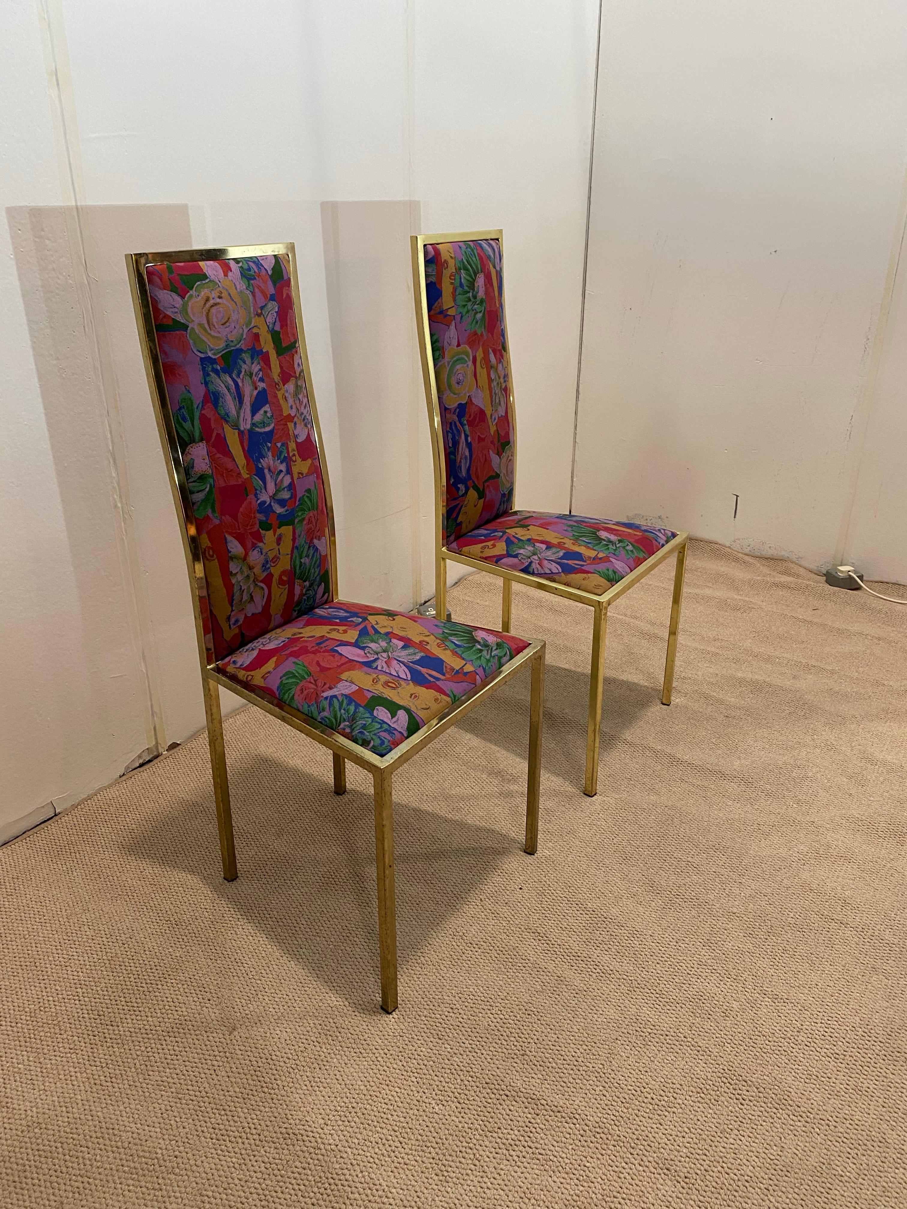 6 x Renato Zevi 1970er Messing-Esszimmerstühle in Yves Saint Laurent 80er Jahre Hollywood (Stoff) im Angebot