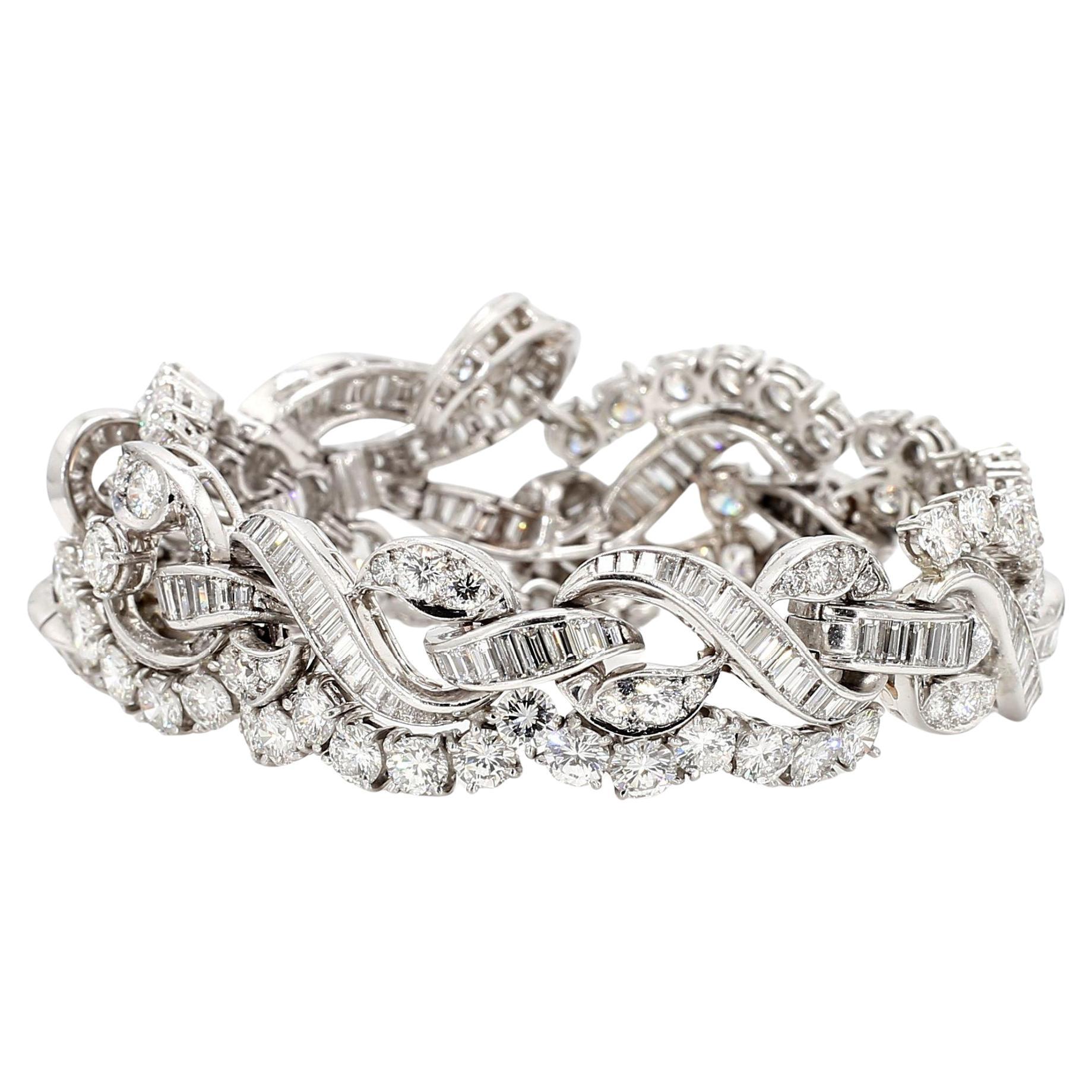 60 Carat Baguette 
Round Cut Diamond in Platinum Retro Scroll Design Bracelet en vente